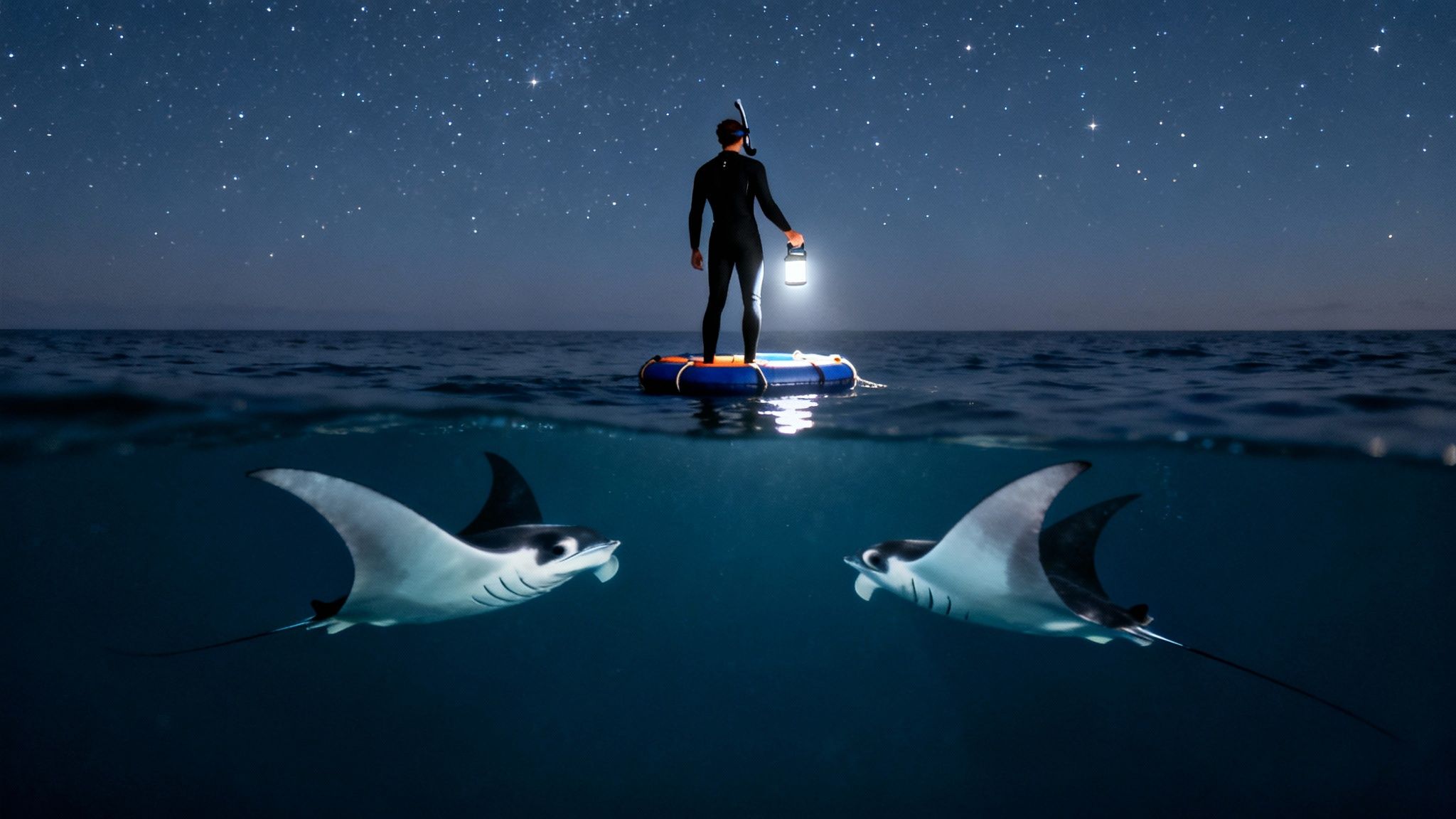 A diver with a lantern on a float above two manta rays under a starry night sky.