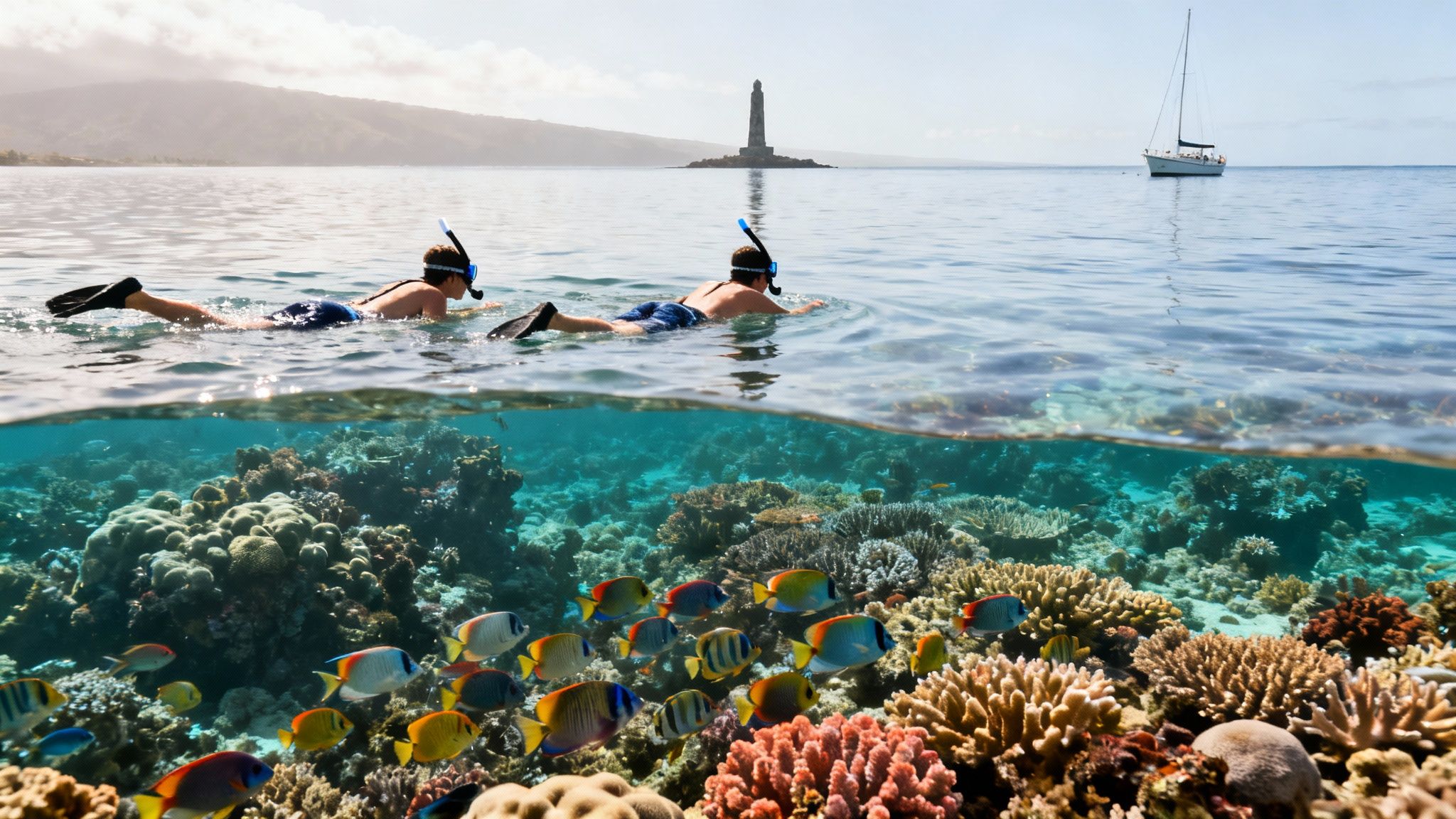 Two people snorkeling over a vibrant coral reef filled with colorful fish, a lighthouse, and a sailboat.
