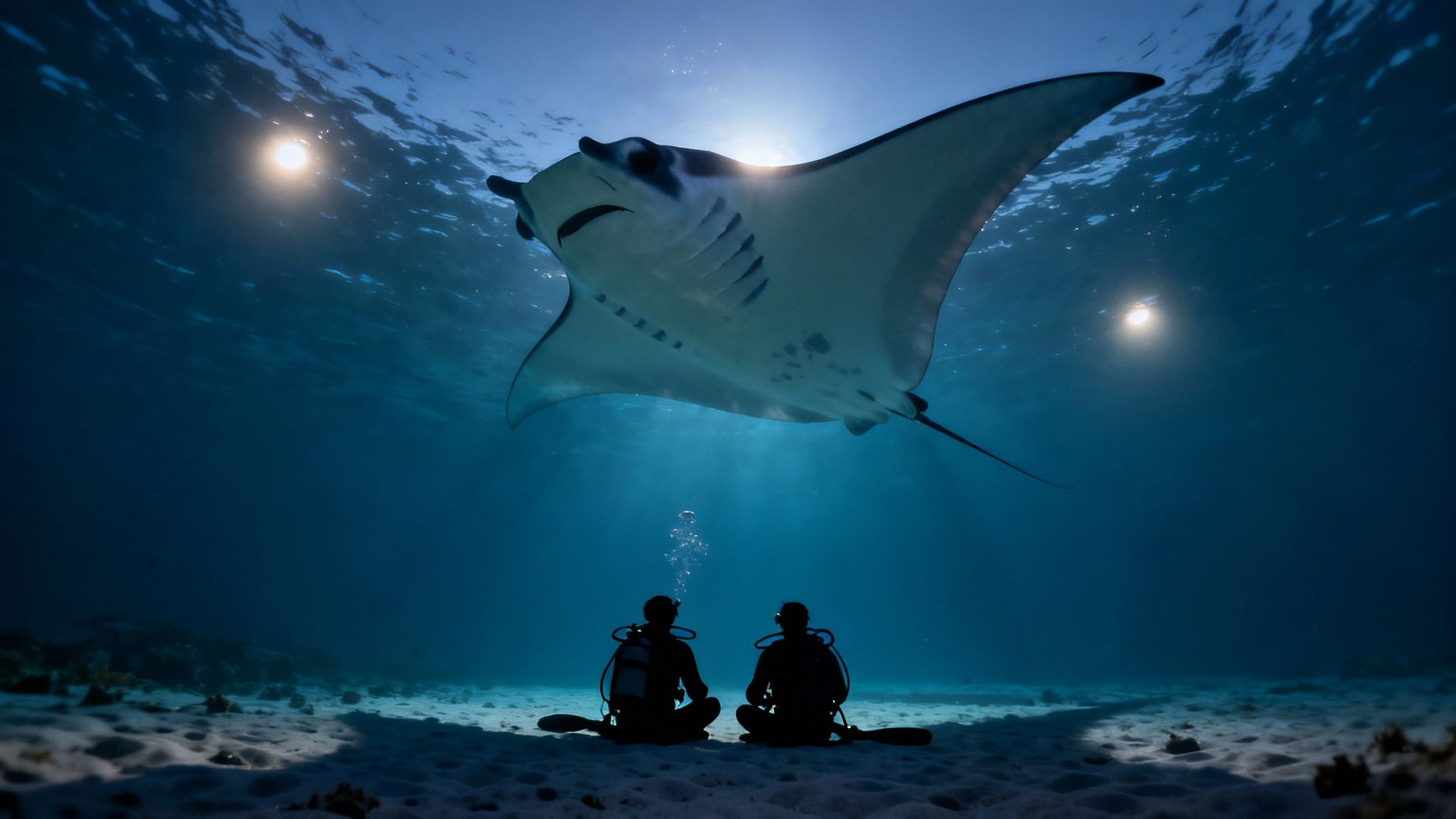 Two divers observe a large manta ray swimming above them in clear, sunlit ocean water.