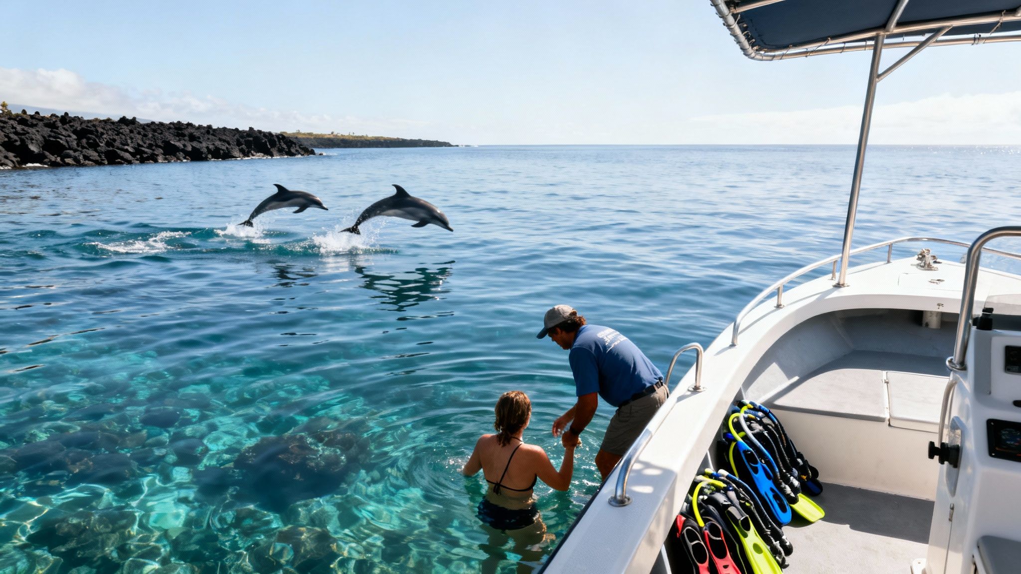 Two dolphins leap near a boat with people snorkeling in clear blue water and a rocky coast.