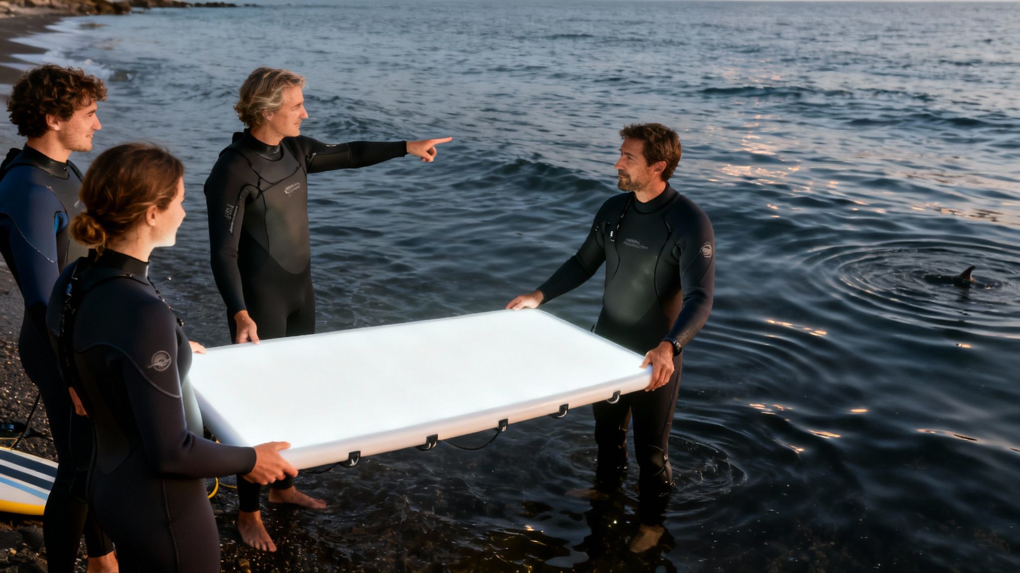 Four people in wetsuits hold a white platform in the ocean, observing a fin.