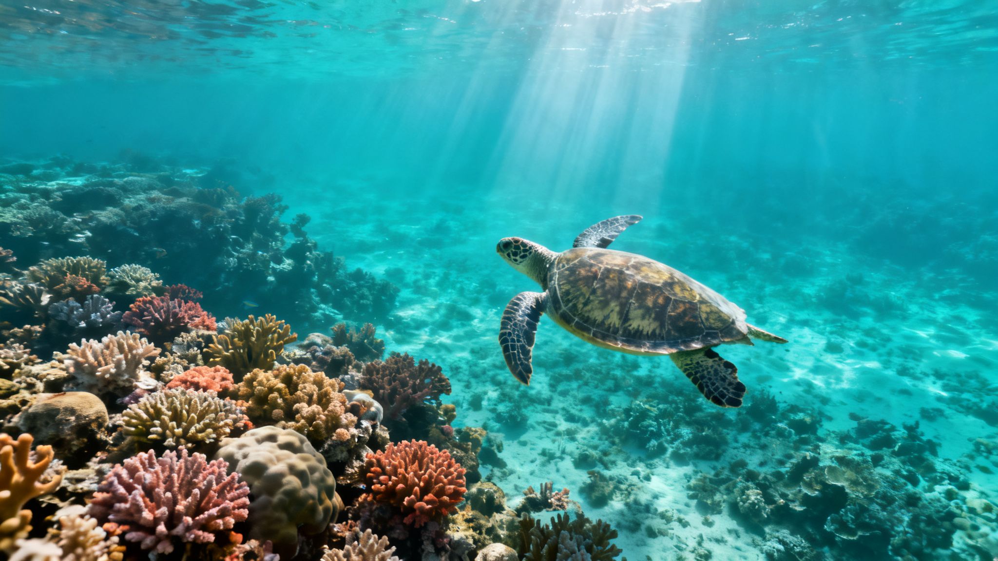 A majestic sea turtle swims gracefully over a vibrant coral reef, bathed in sunlit turquoise water.
