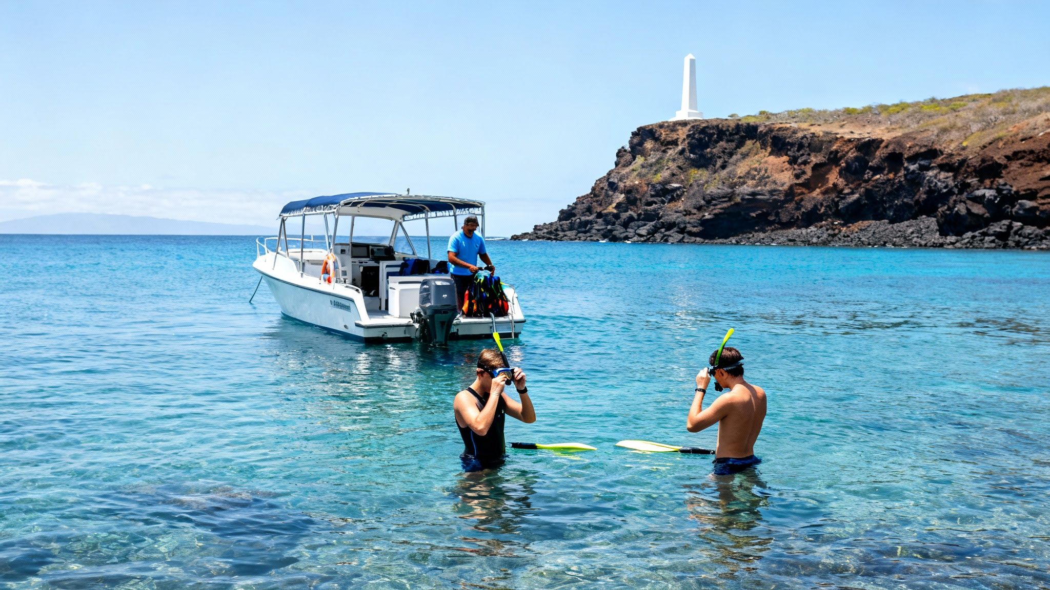 Two individuals adjust snorkeling gear in clear water next to a boat with a guide and an island.
