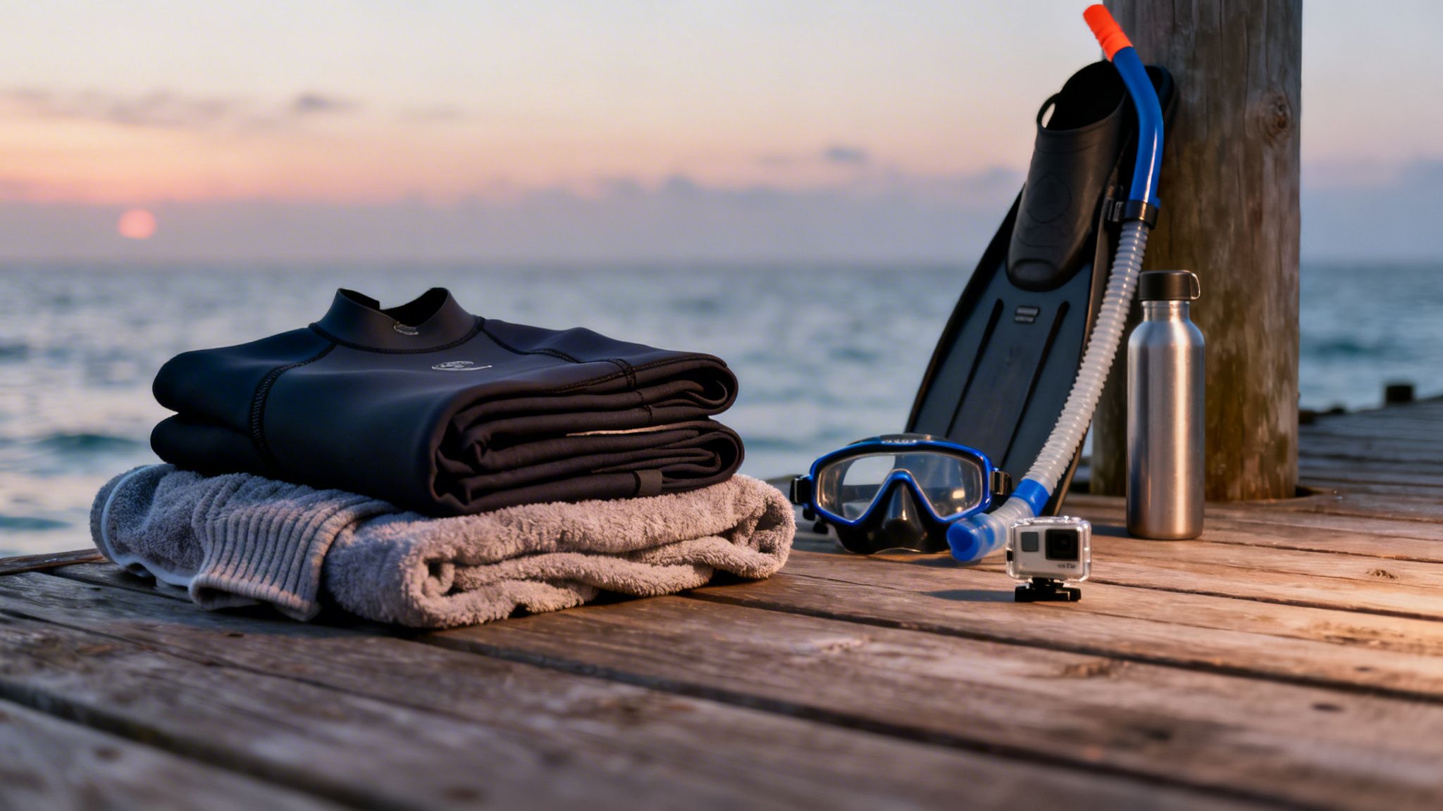 Snorkeling gear, folded wetsuits, and a towel resting on a wooden dock at sunset.