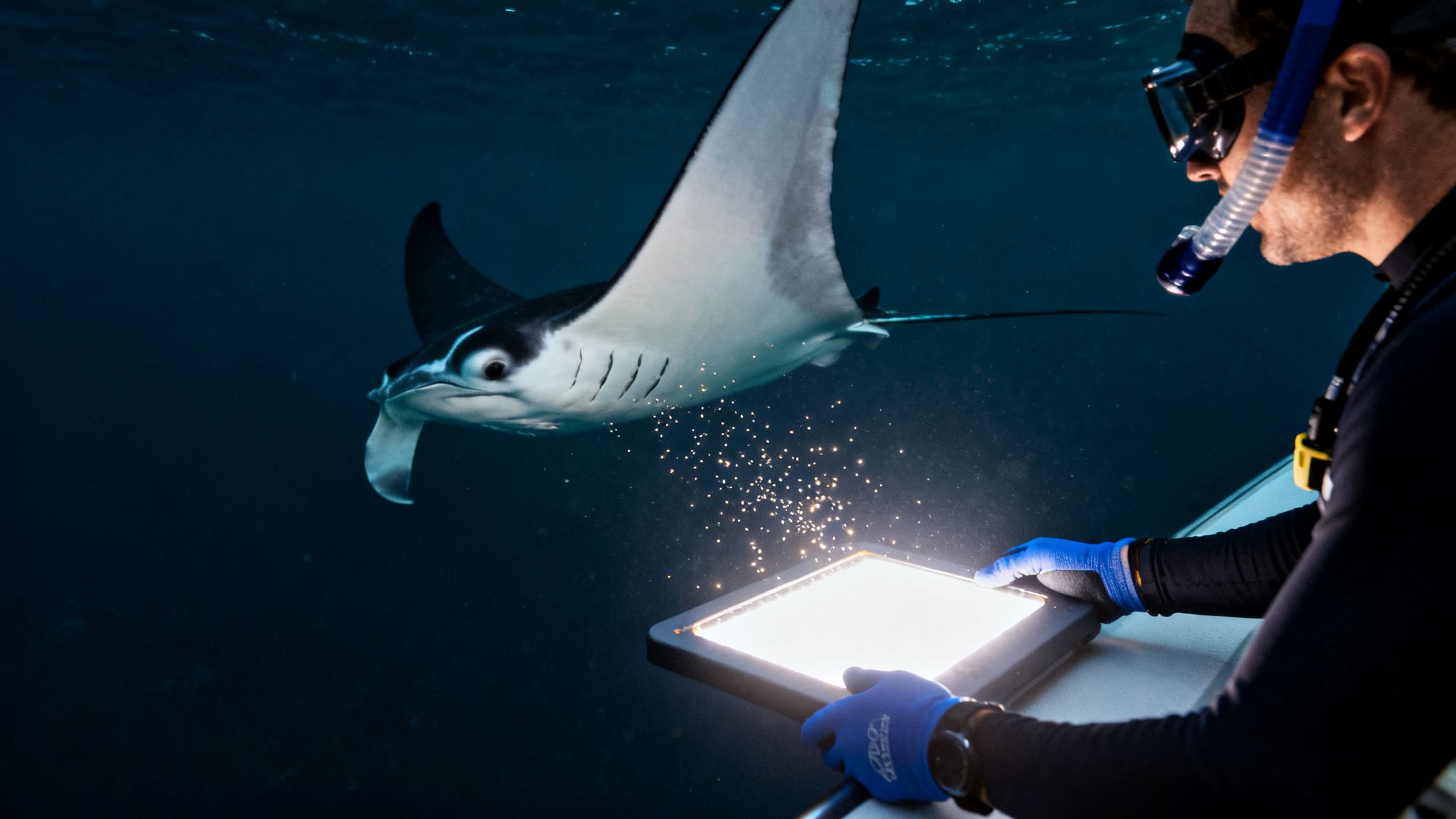 Night dive with a snorkeler attracting a majestic manta ray with a bright underwater light.