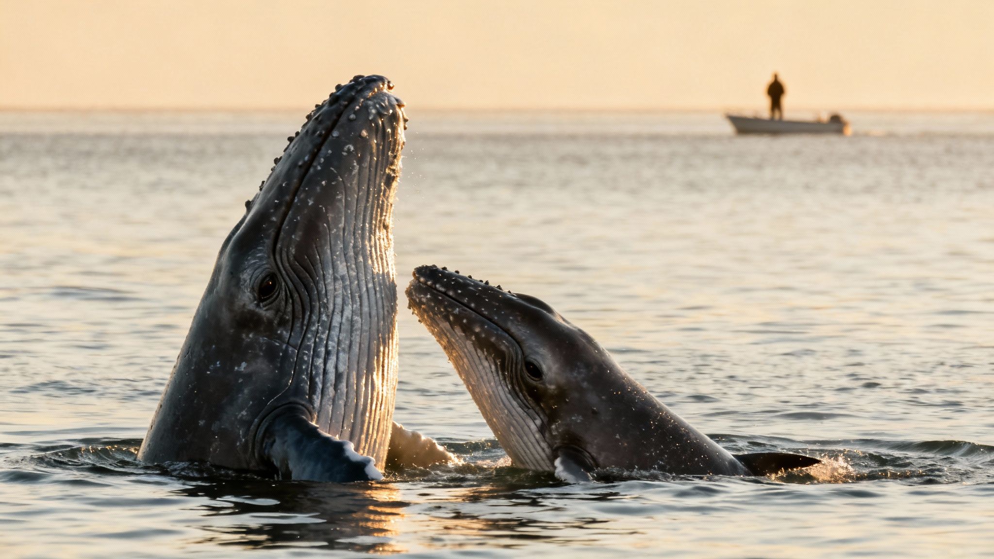 A group of excited tourists on a whale watching boat on the Big Island, pointing at a whale in the distance.