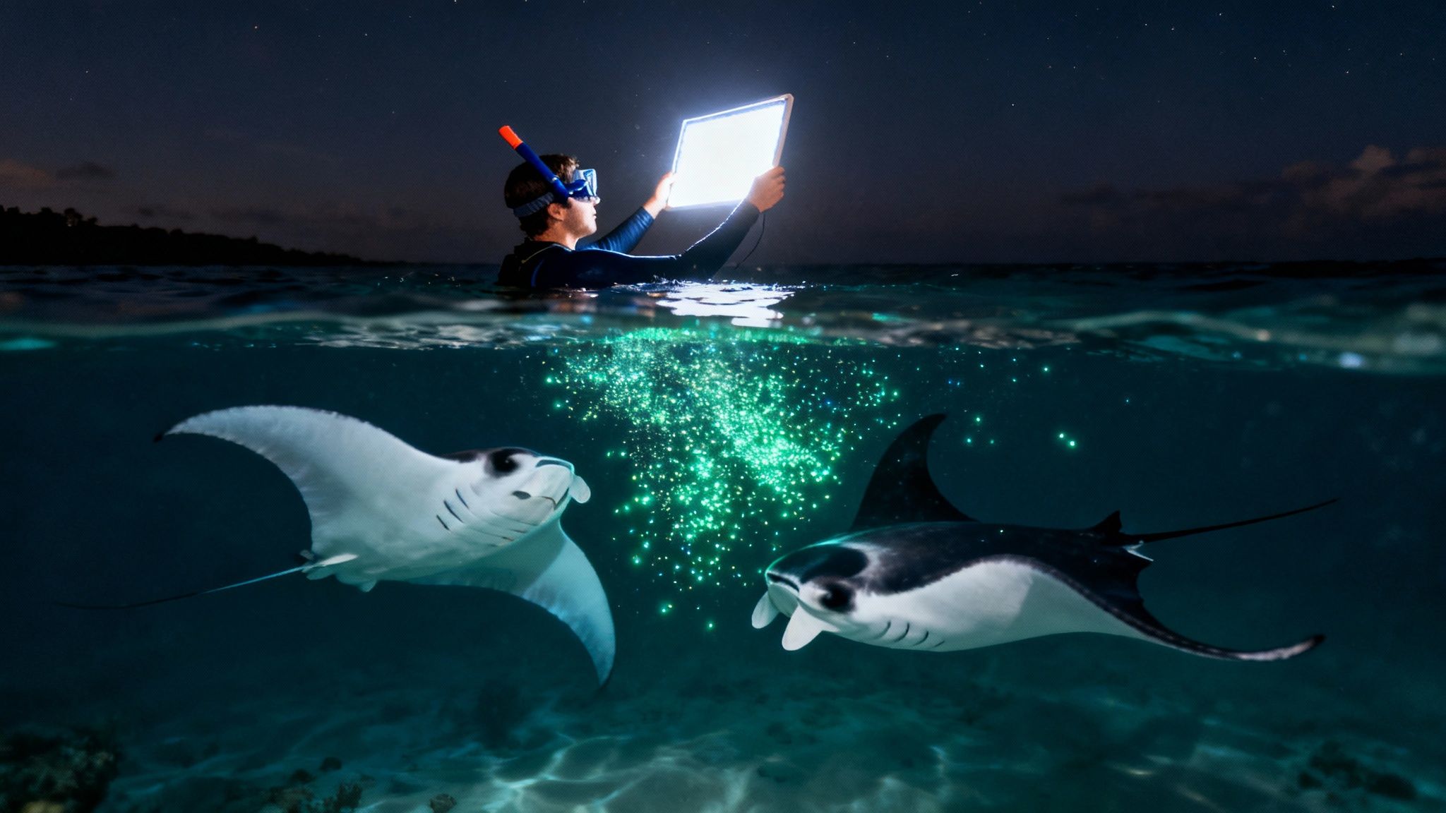 A person holds a bright light above water at night while two manta rays swim below with bioluminescence.