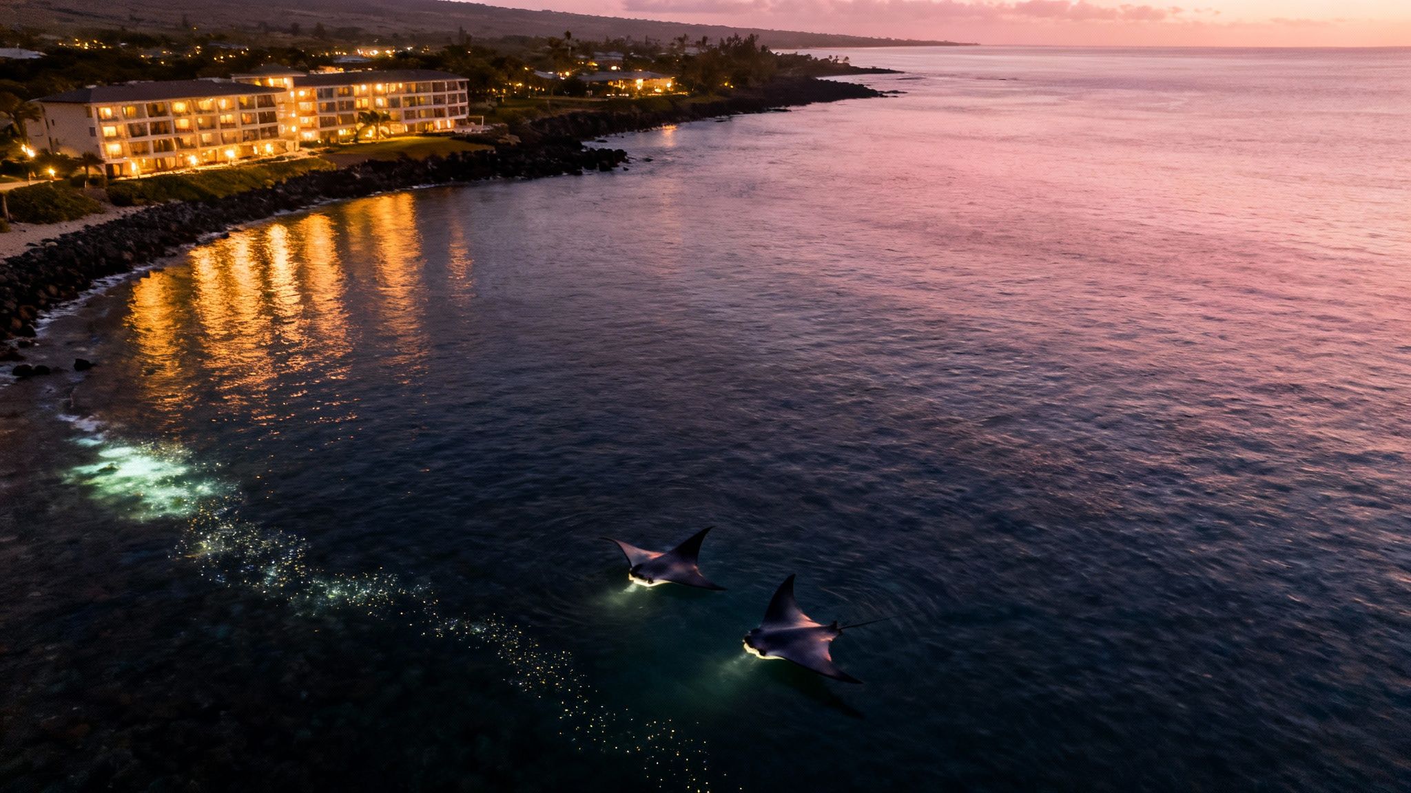 Manta rays with lights illuminated in ocean near a glowing resort at sunset.