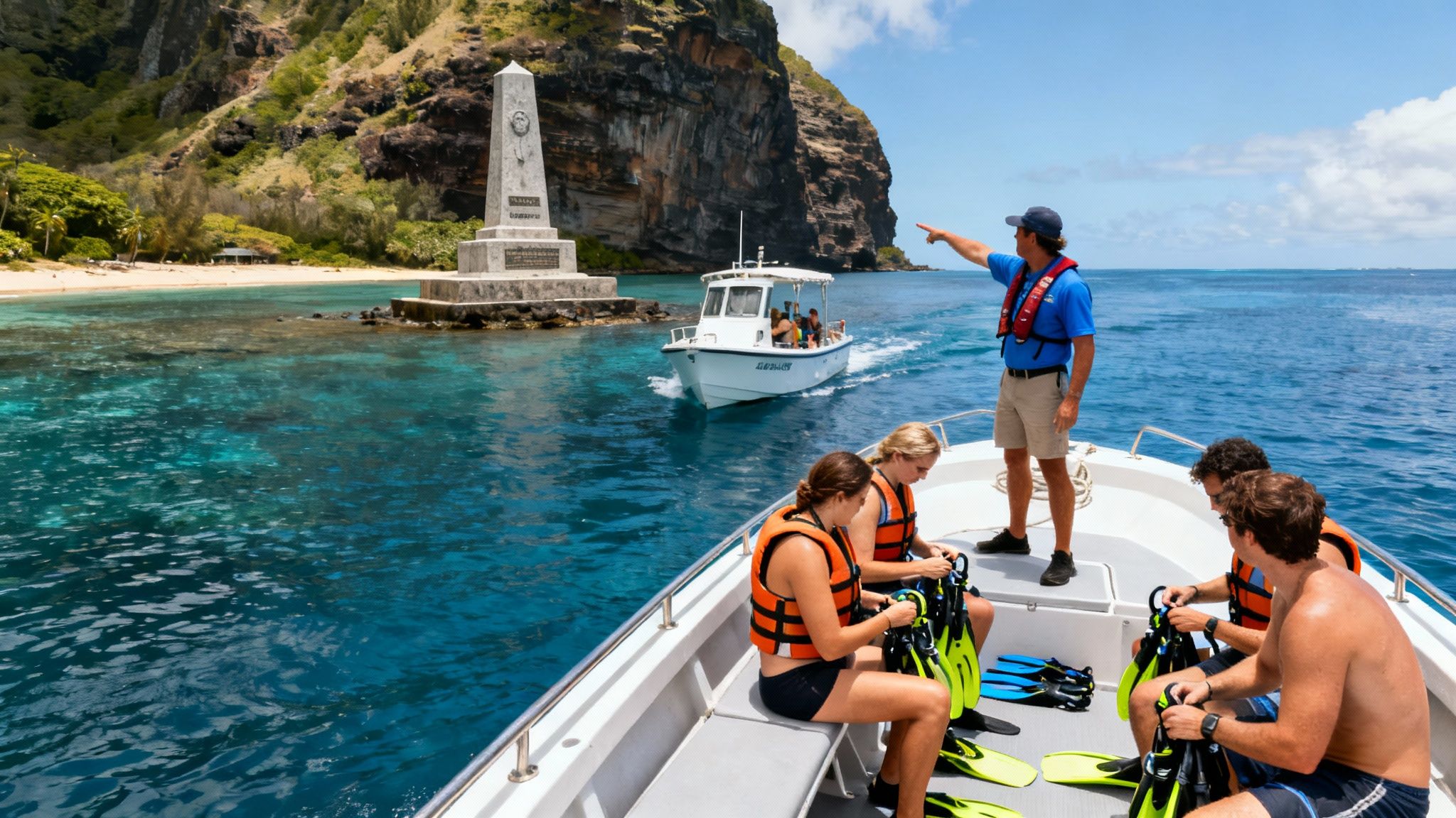 Tourists on a boat with a guide pointing to Captain Cook monument, preparing for snorkeling in clear blue water.