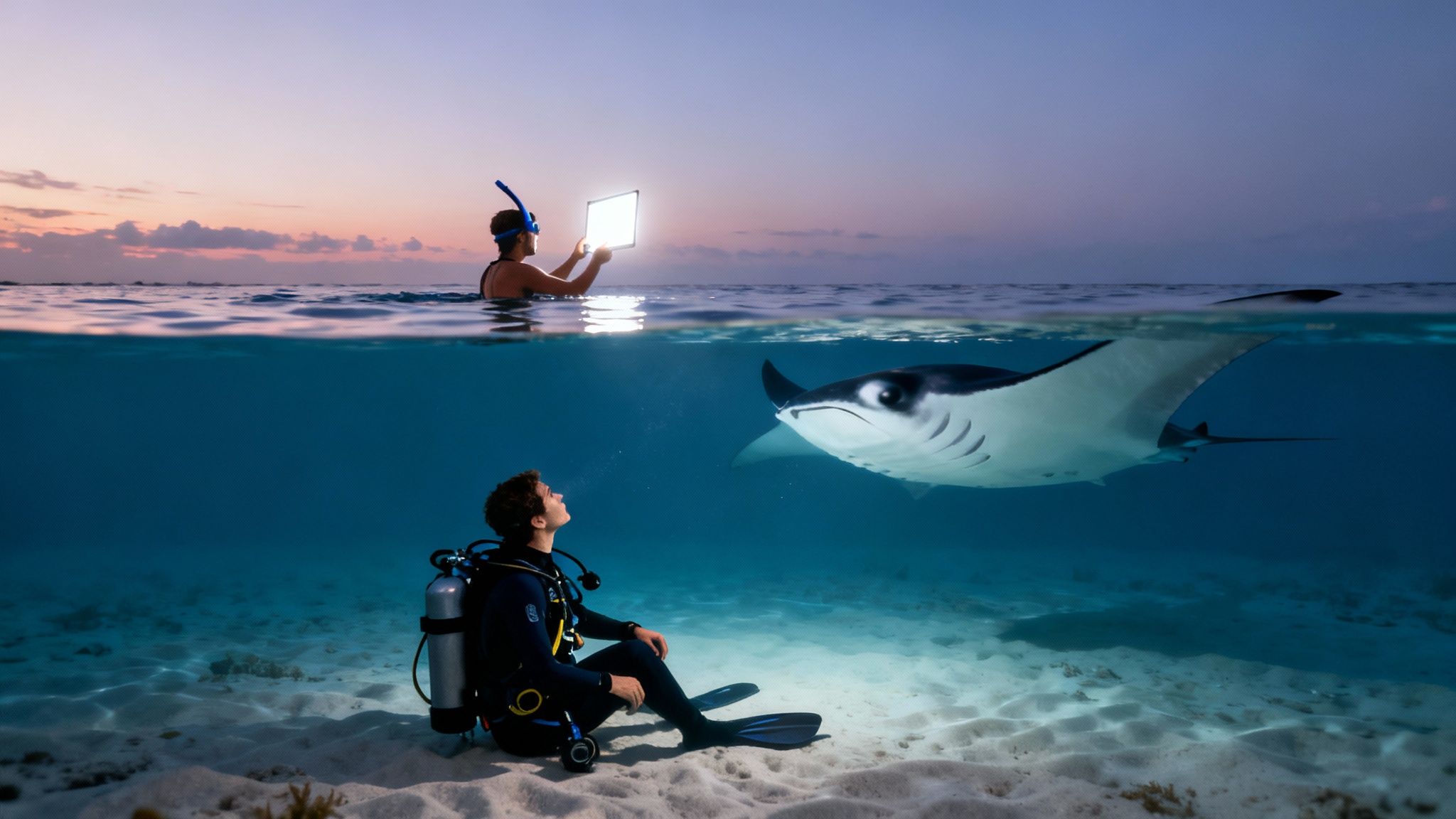 A snorkeler shines a light from a tablet above water, illuminating a diver and a manta ray below.