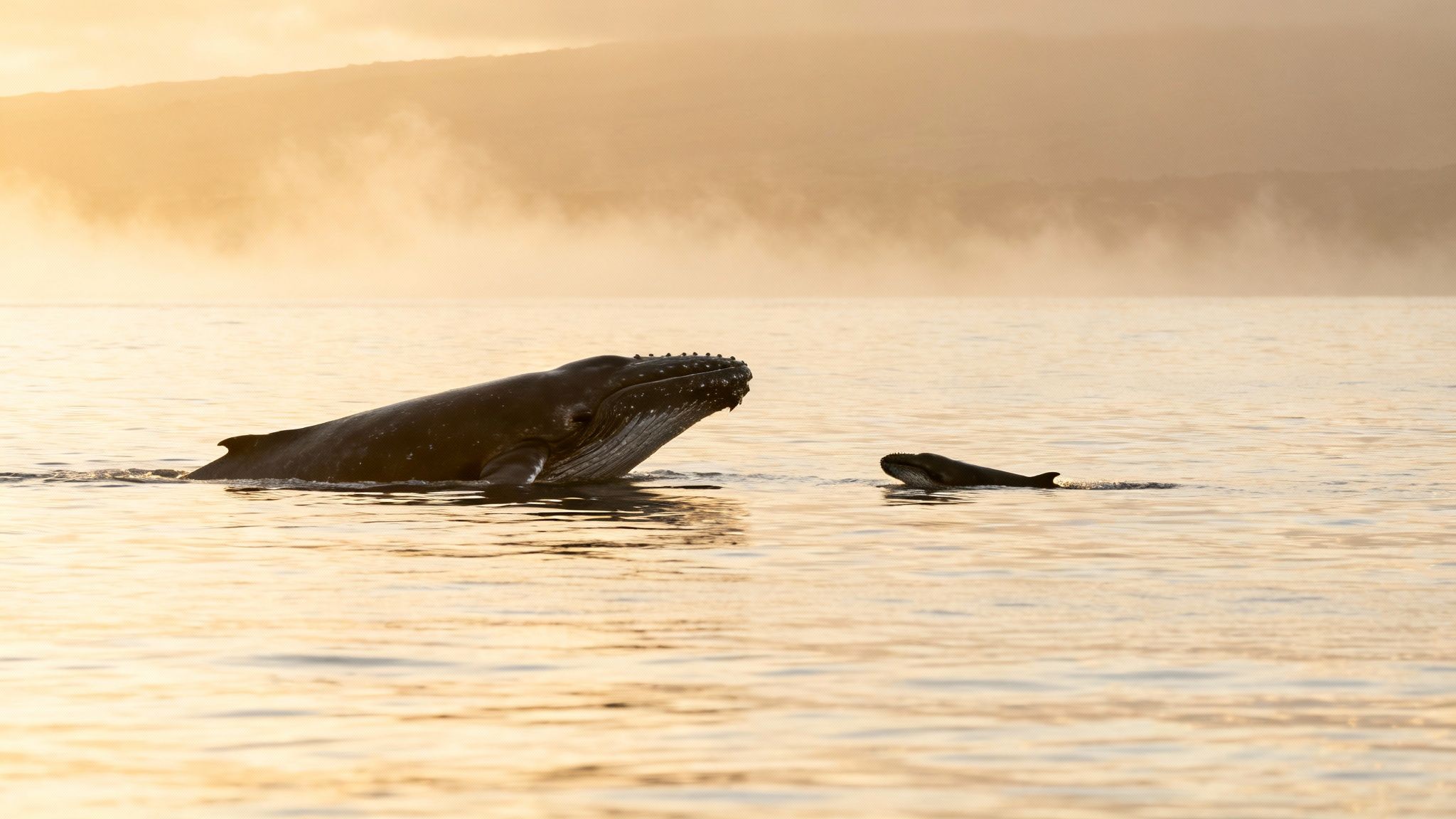 A large humpback whale surfaces next to its calf in golden, misty waters at dawn.