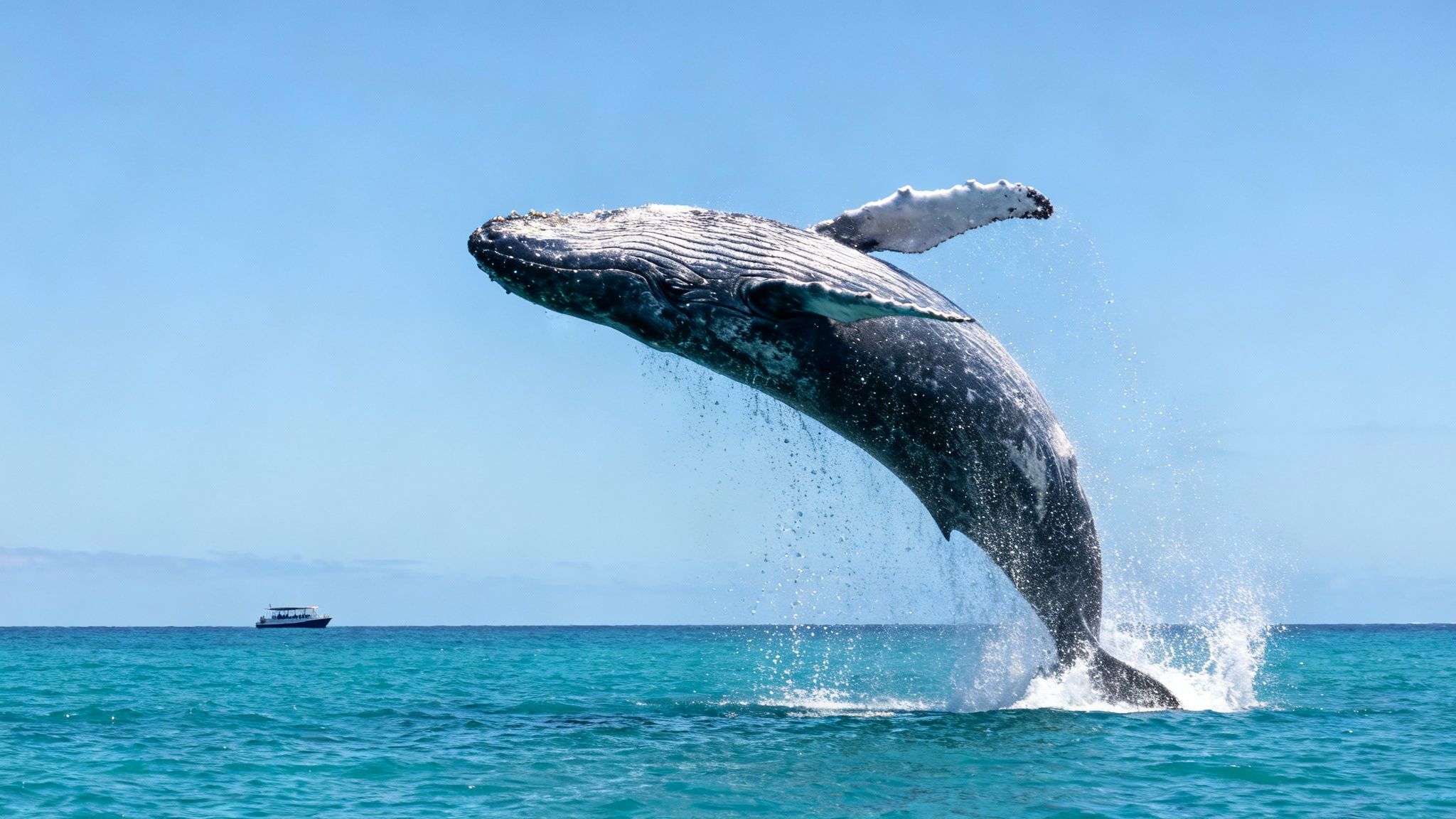 A magnificent humpback whale breaches fully out of the blue ocean, with water splashing, a small boat visible.