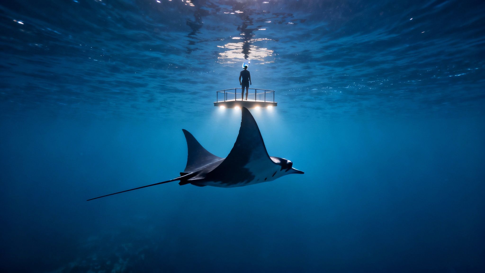 A person snorkeling on a lit floating platform observing a majestic manta ray underwater.