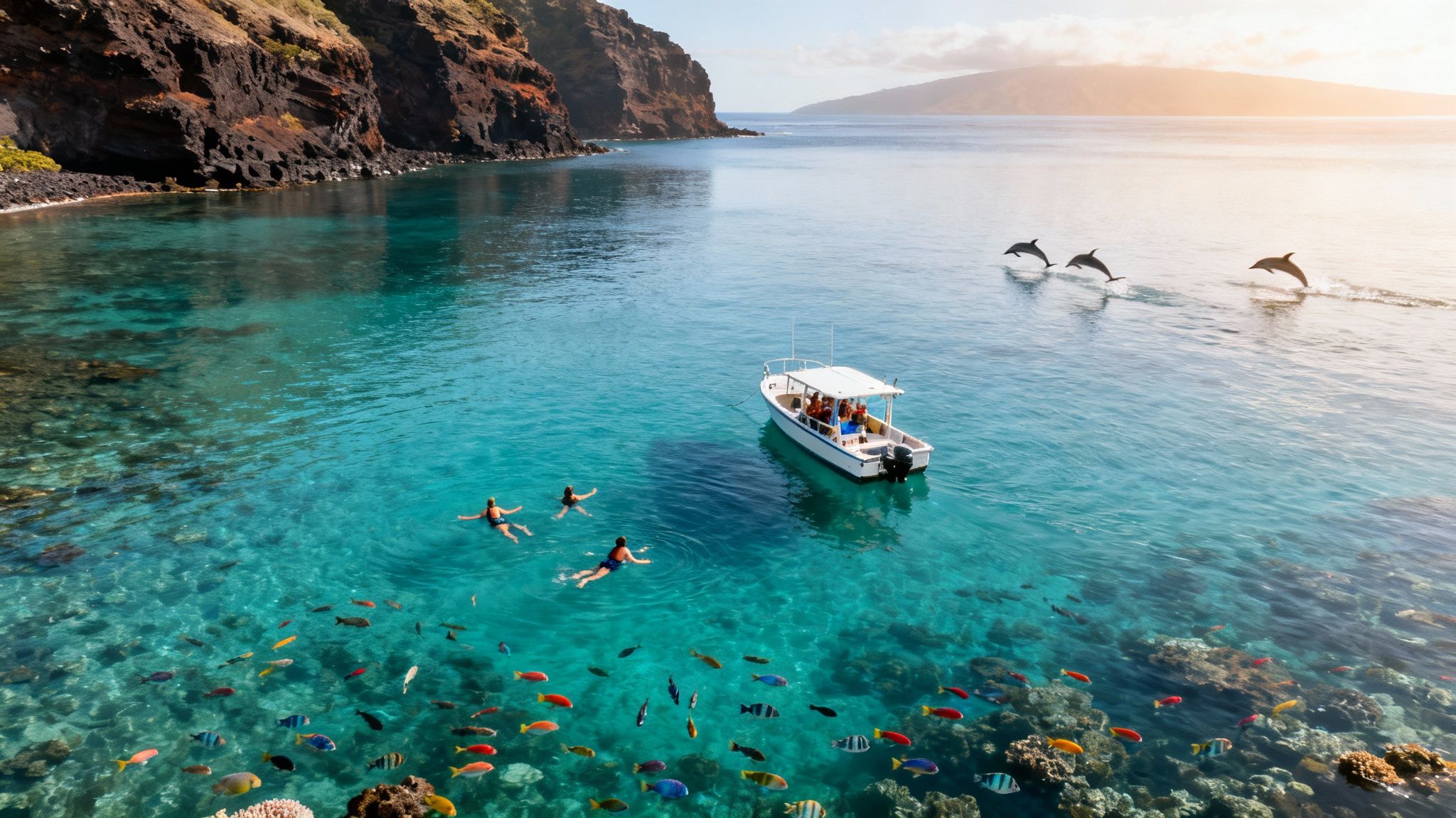 Aerial view of clear turquoise water with snorkelers, colorful fish, a boat, and dolphins leaping.