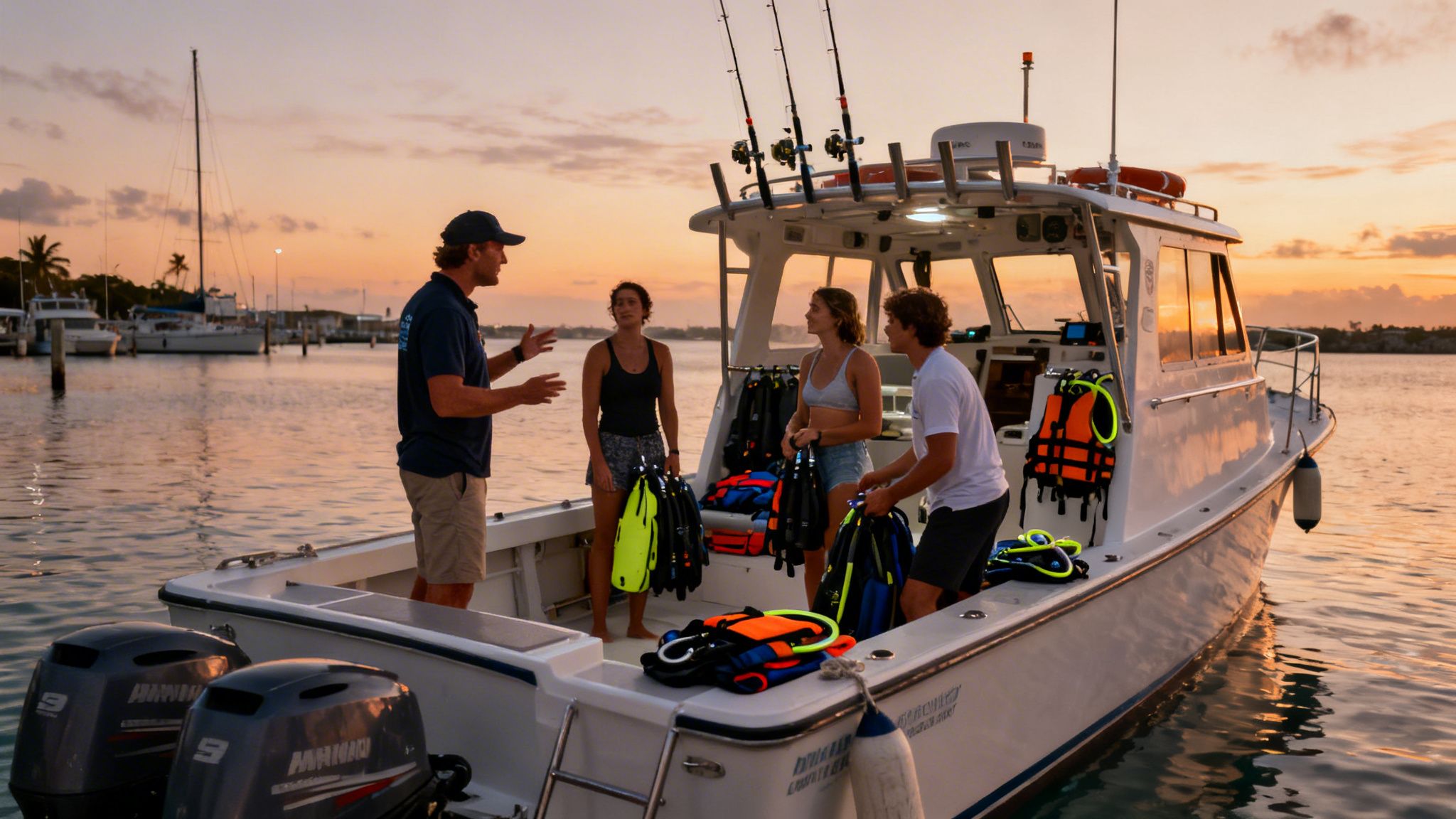 A boat guide instructing three young people with snorkeling gear on a boat at sunset.