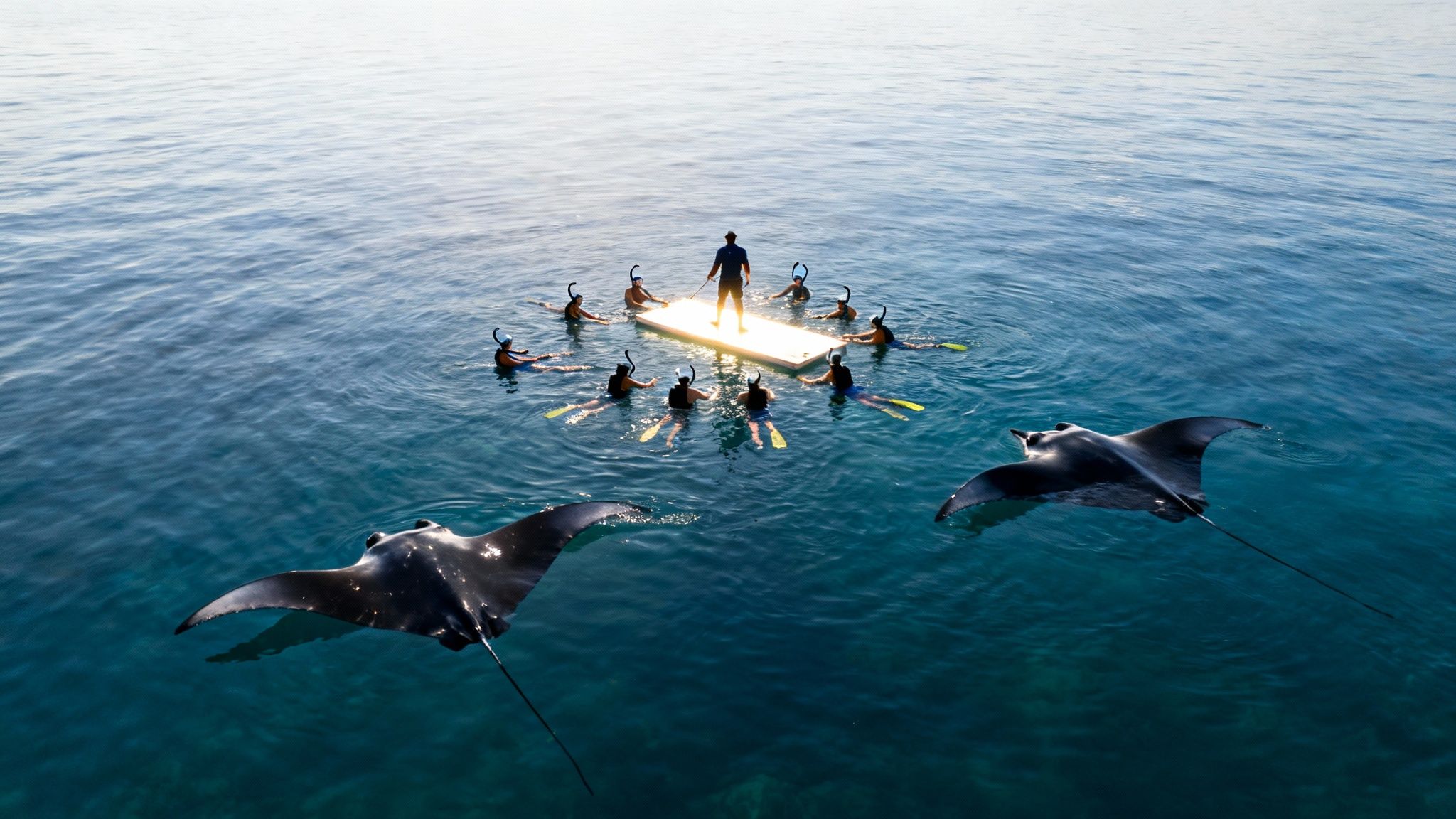 People snorkeling around an illuminated paddleboard with a guide, as two manta rays swim nearby in blue water.