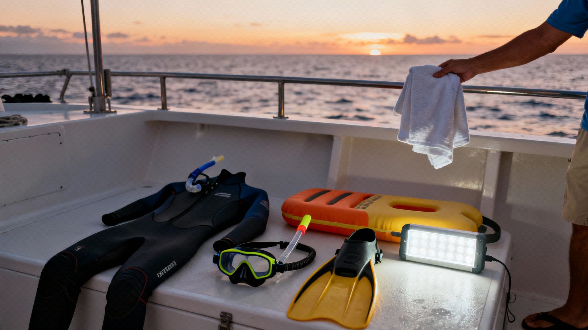 Snorkeling gear and dive light laid out on a boat deck at sunset, ready for an adventure.