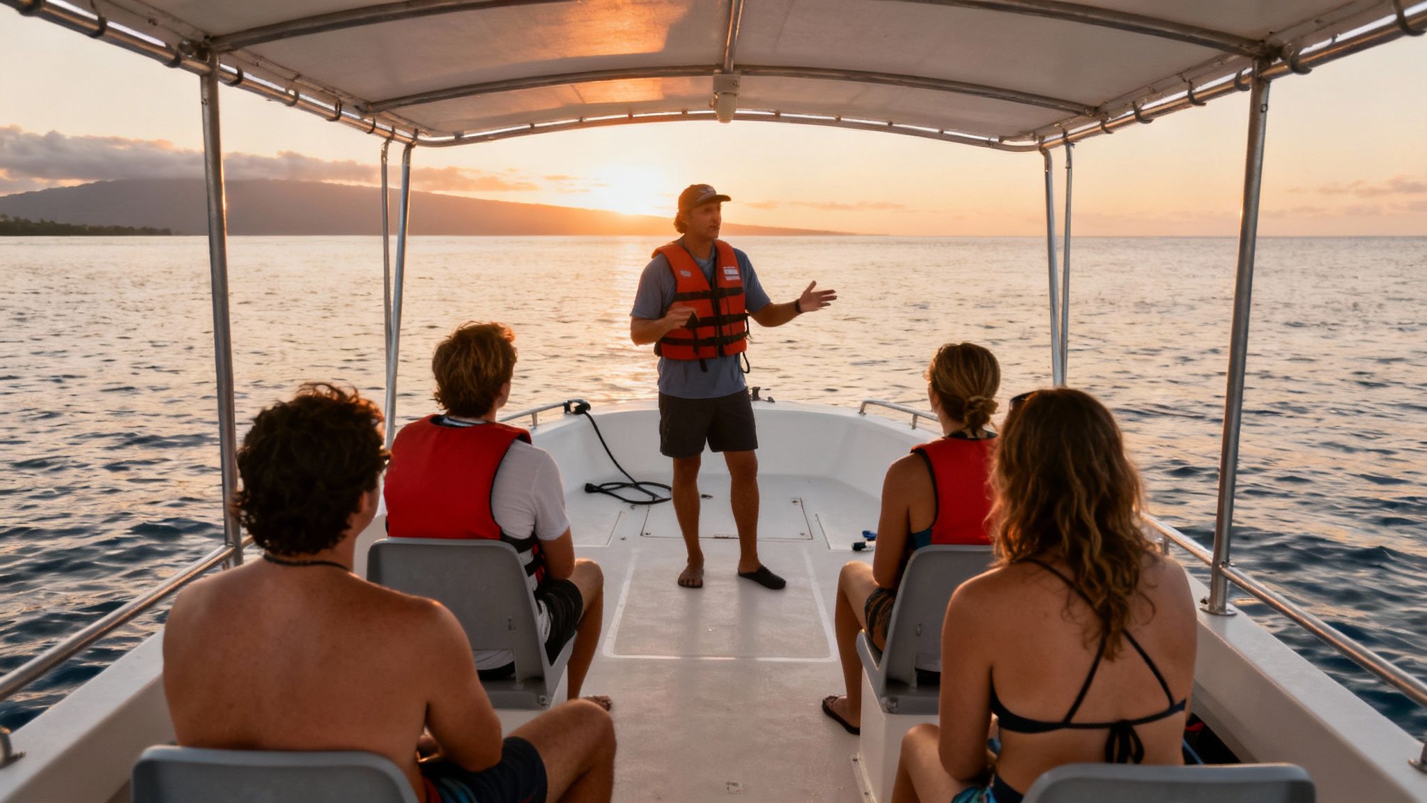 Tour guide talking to people on a boat with a beautiful sunset background.