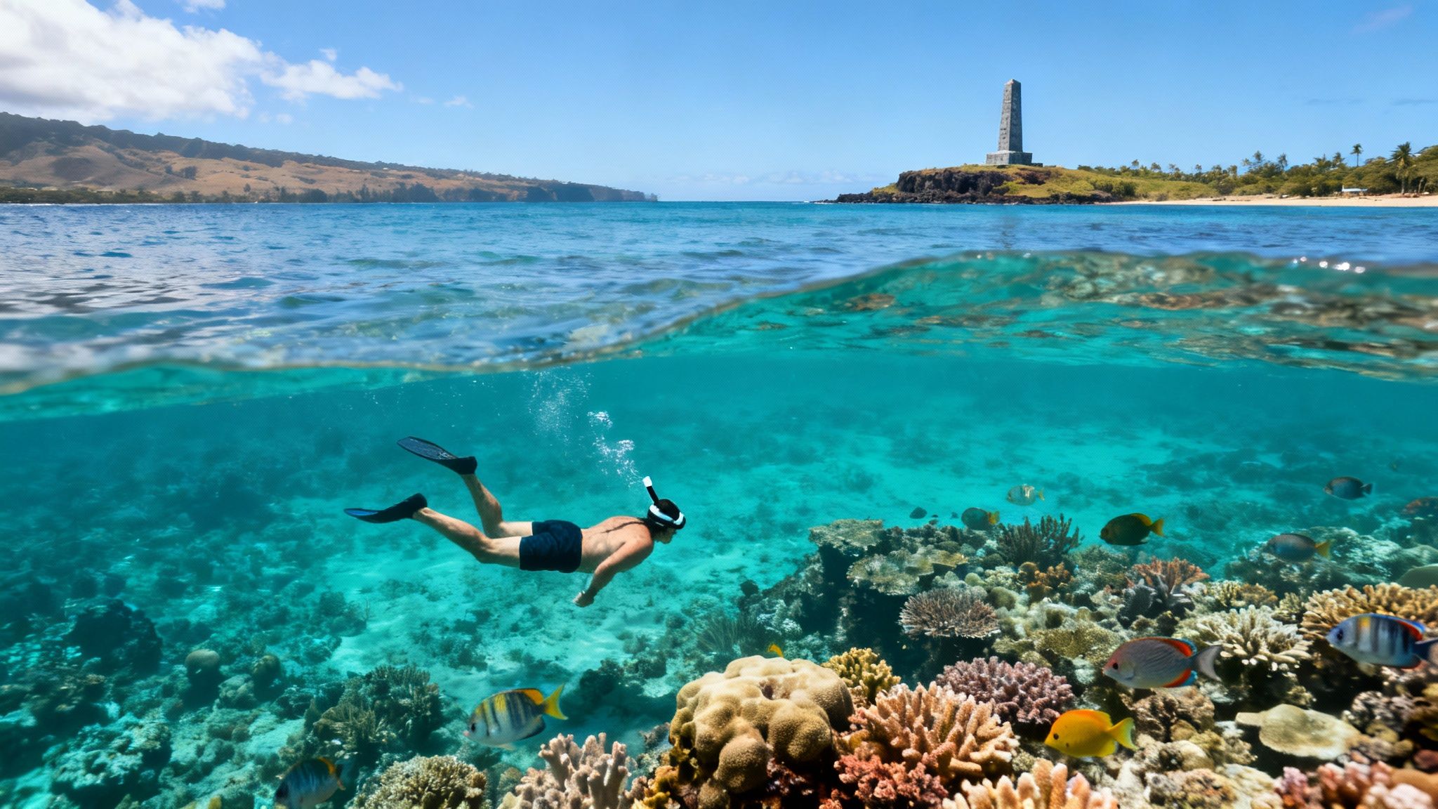 Snorkeler exploring a vibrant coral reef with colorful fish, split view shows a tropical island and monument.