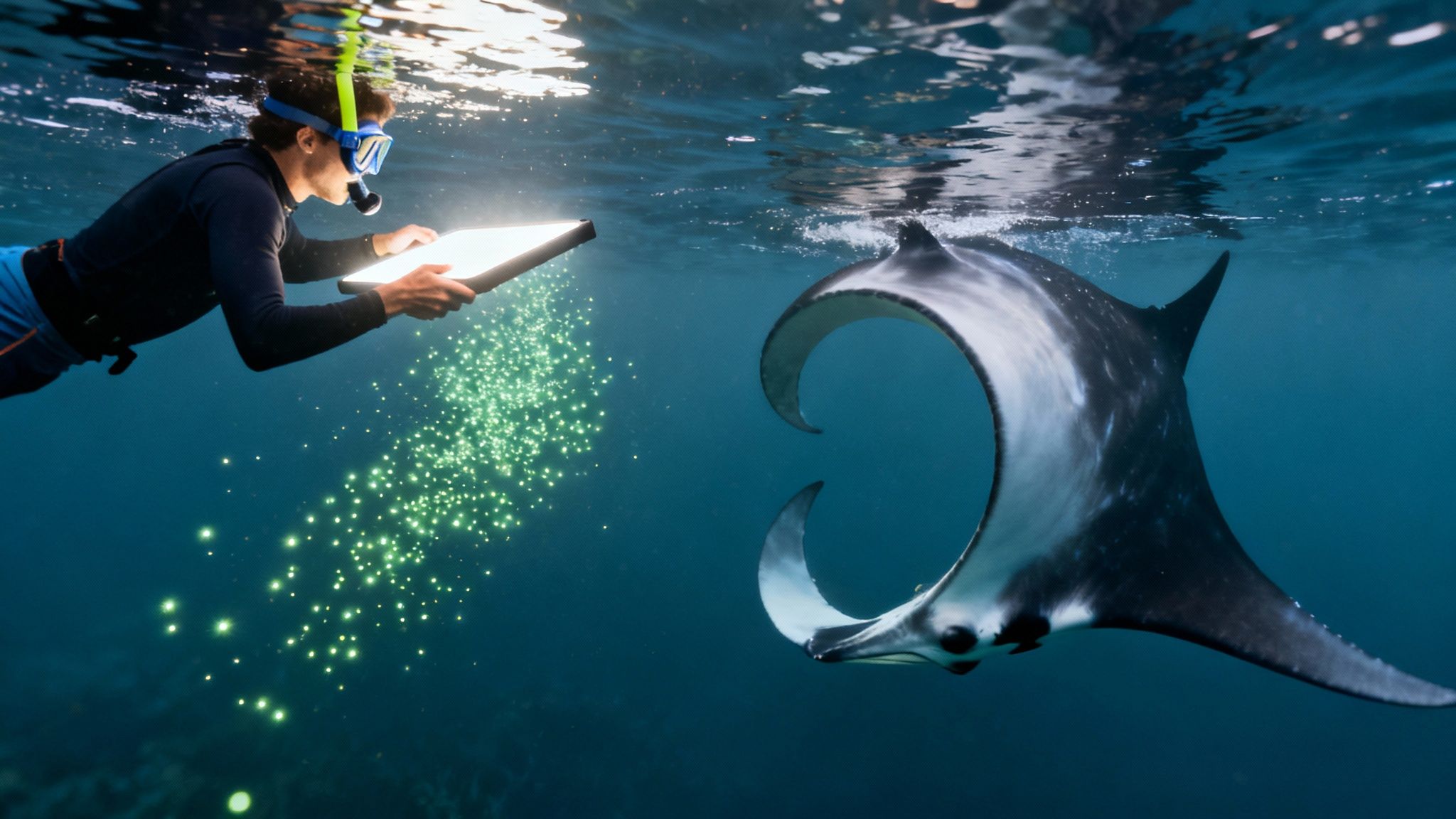 A snorkeler illuminates a majestic manta ray with an underwater light, attracting it in clear blue water.