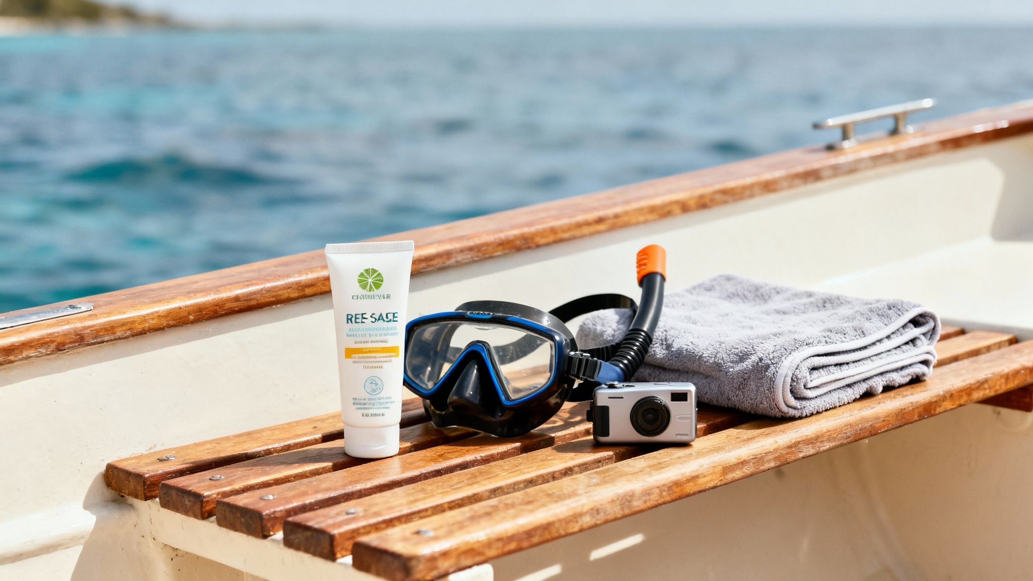 Snorkeling gear, cream, towel, and camera neatly arranged on a wooden boat deck with ocean views.