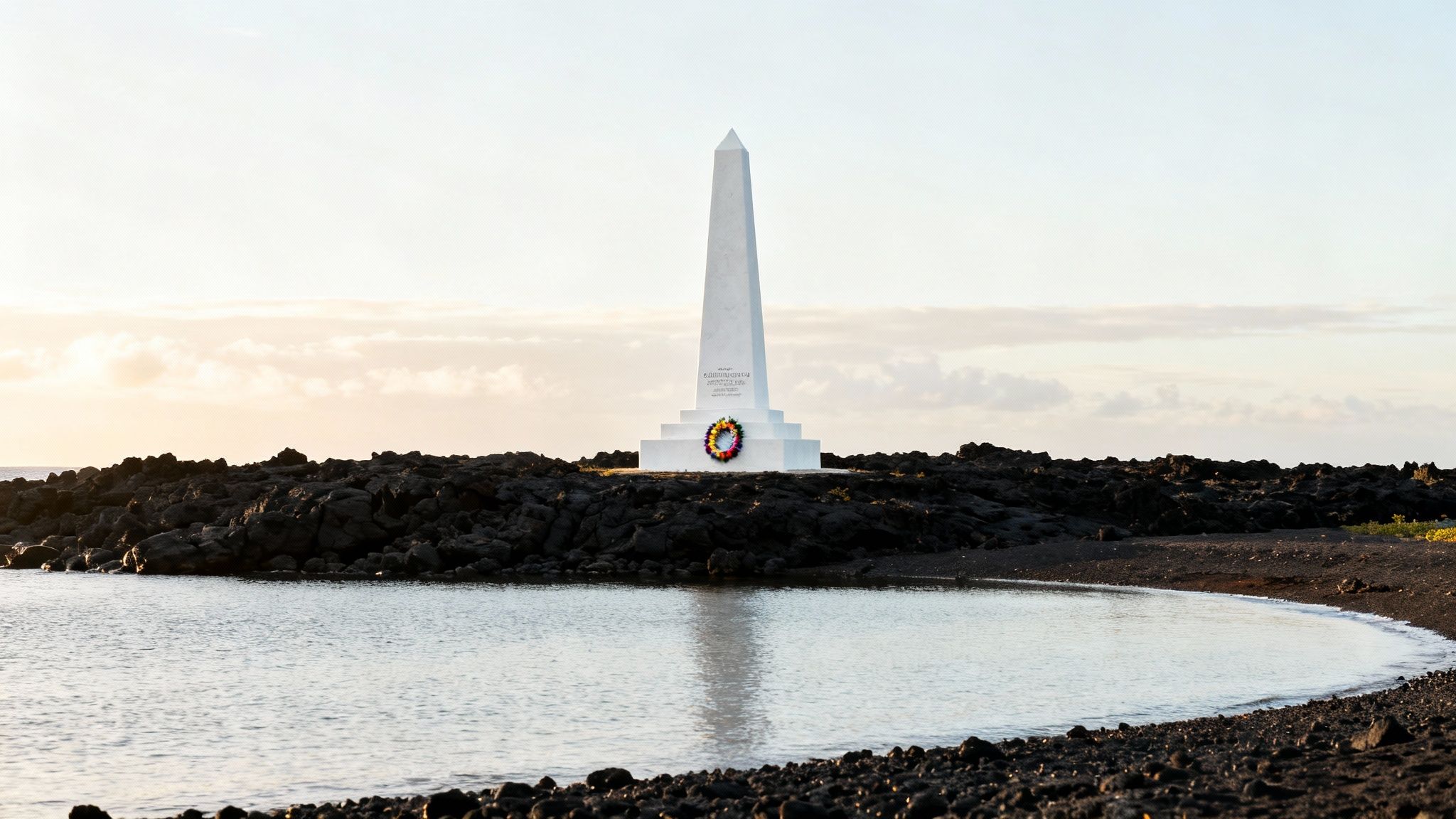 A striking white obelisk monument adorned with a colorful wreath stands on black volcanic rocks beside calm waters at sunset.