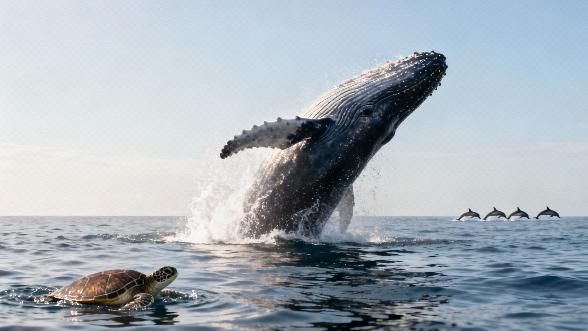 Magnificent humpback whale breaches out of the ocean next to a sea turtle and jumping dolphins.