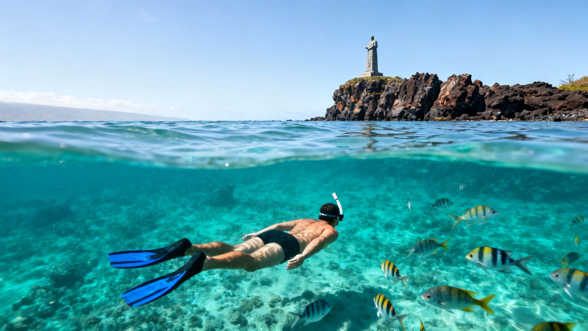 Split view of a snorkeler and tropical fish near a rocky coastline with a statue.