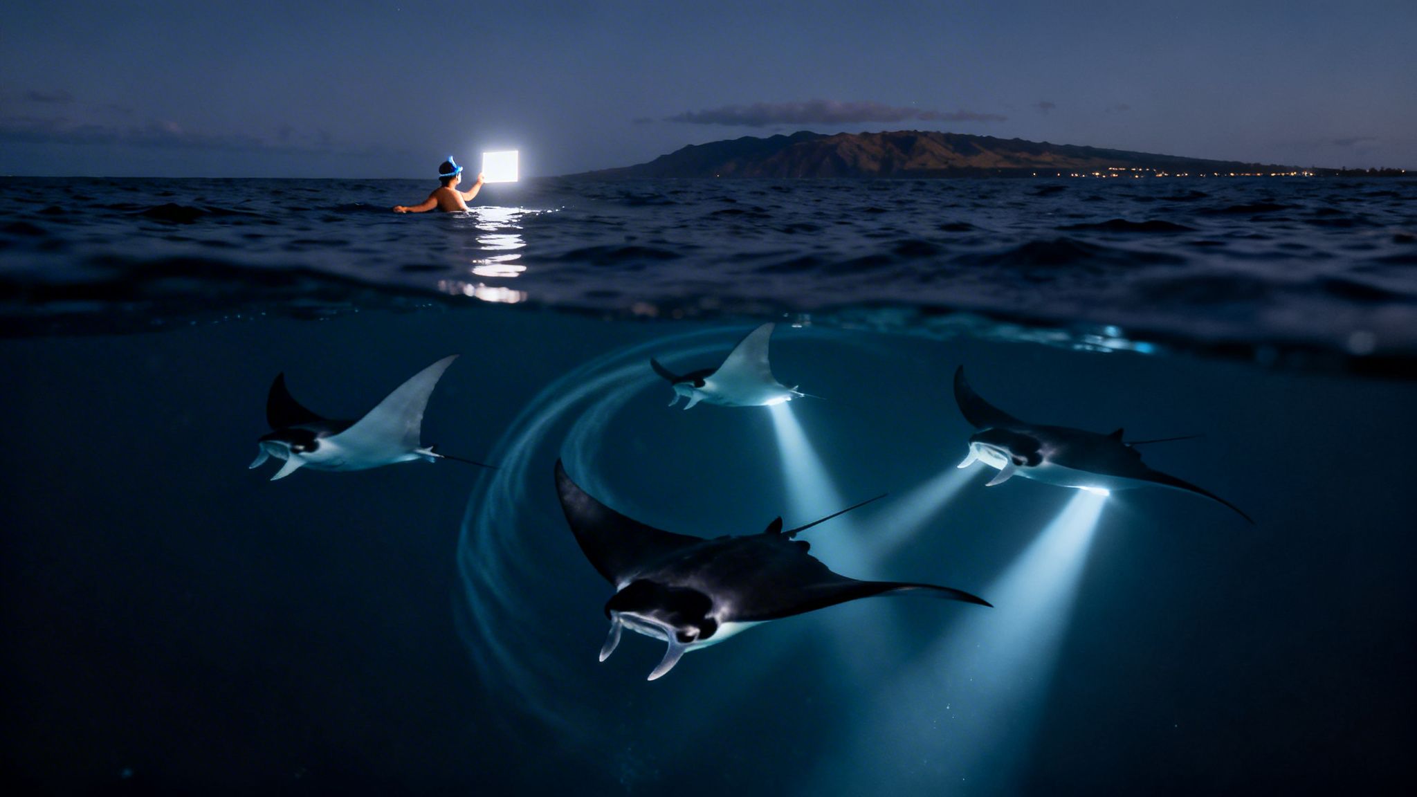 A split image shows a person with a light above water and manta rays swimming below at night.