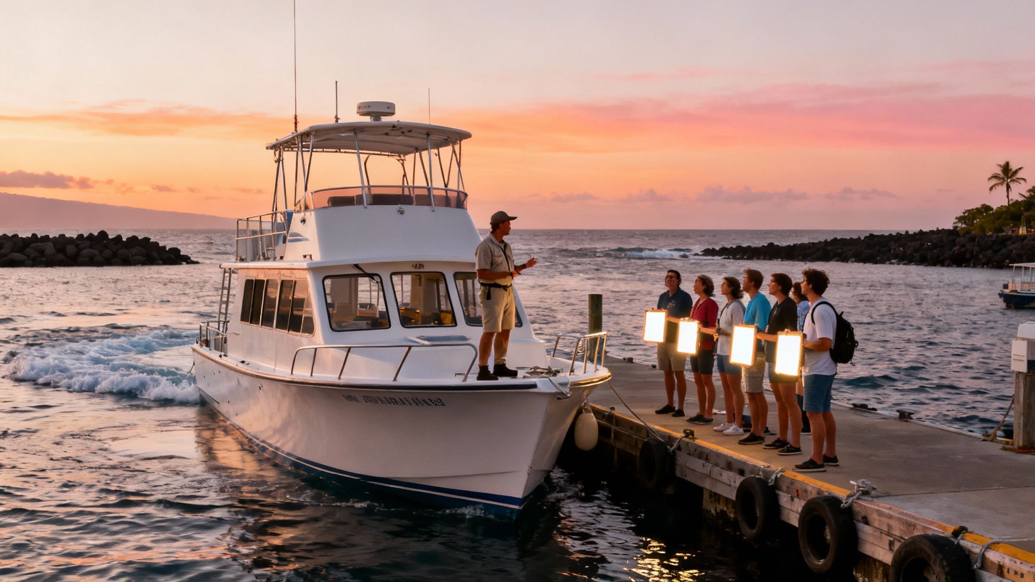 A group of people on a dock holding glowing lights, listening to a guide on a boat at sunset.