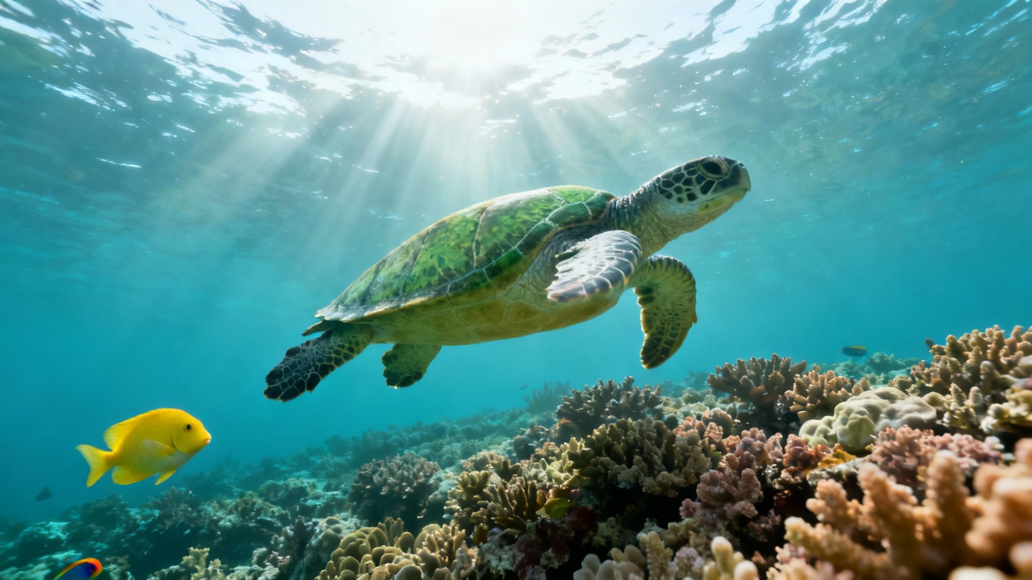 A majestic Hawaiian green sea turtle (honu) swimming gracefully over a coral reef