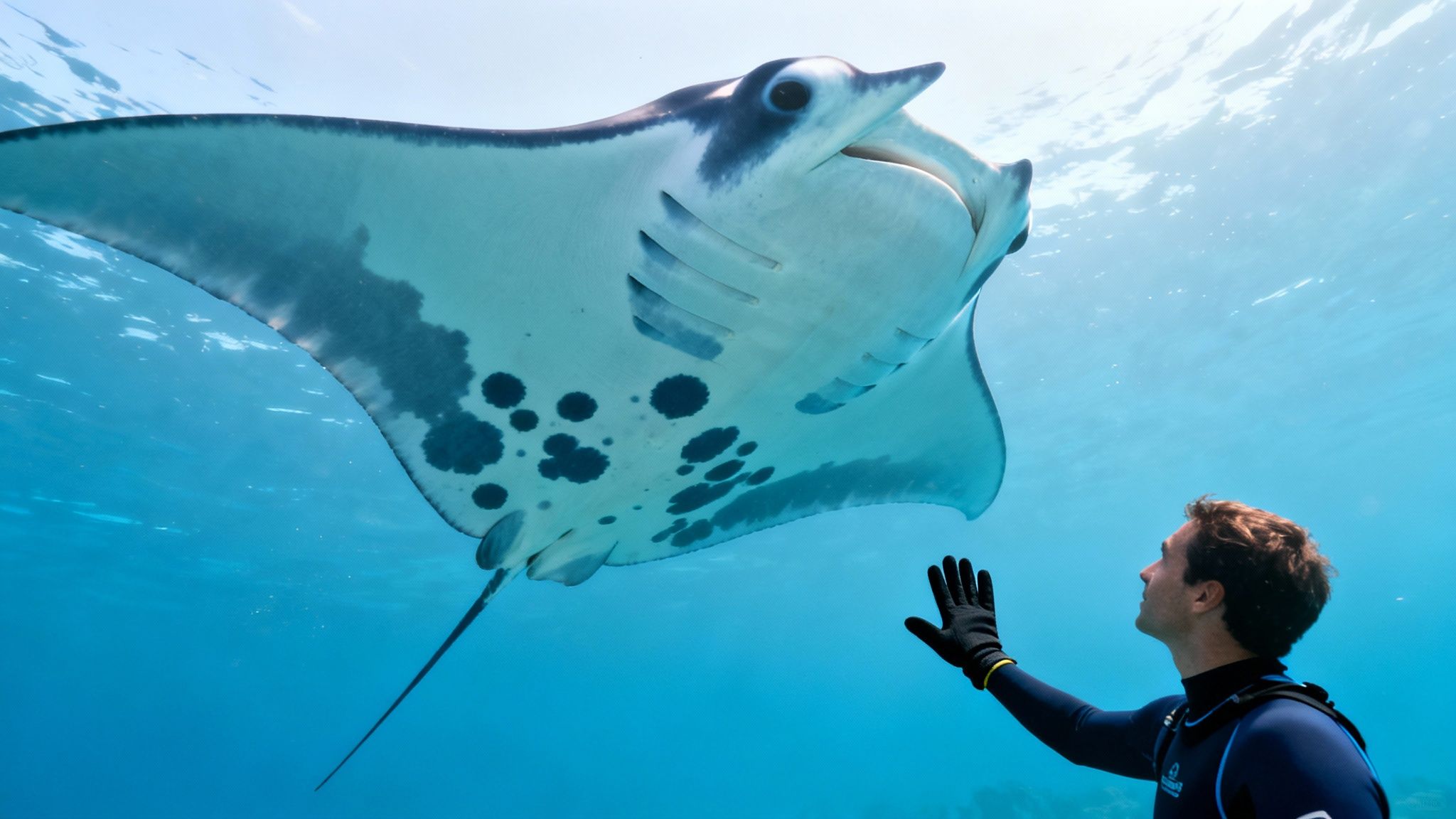 An underwater diver reaches towards a large, spotted manta ray swimming gracefully above in clear blue water.