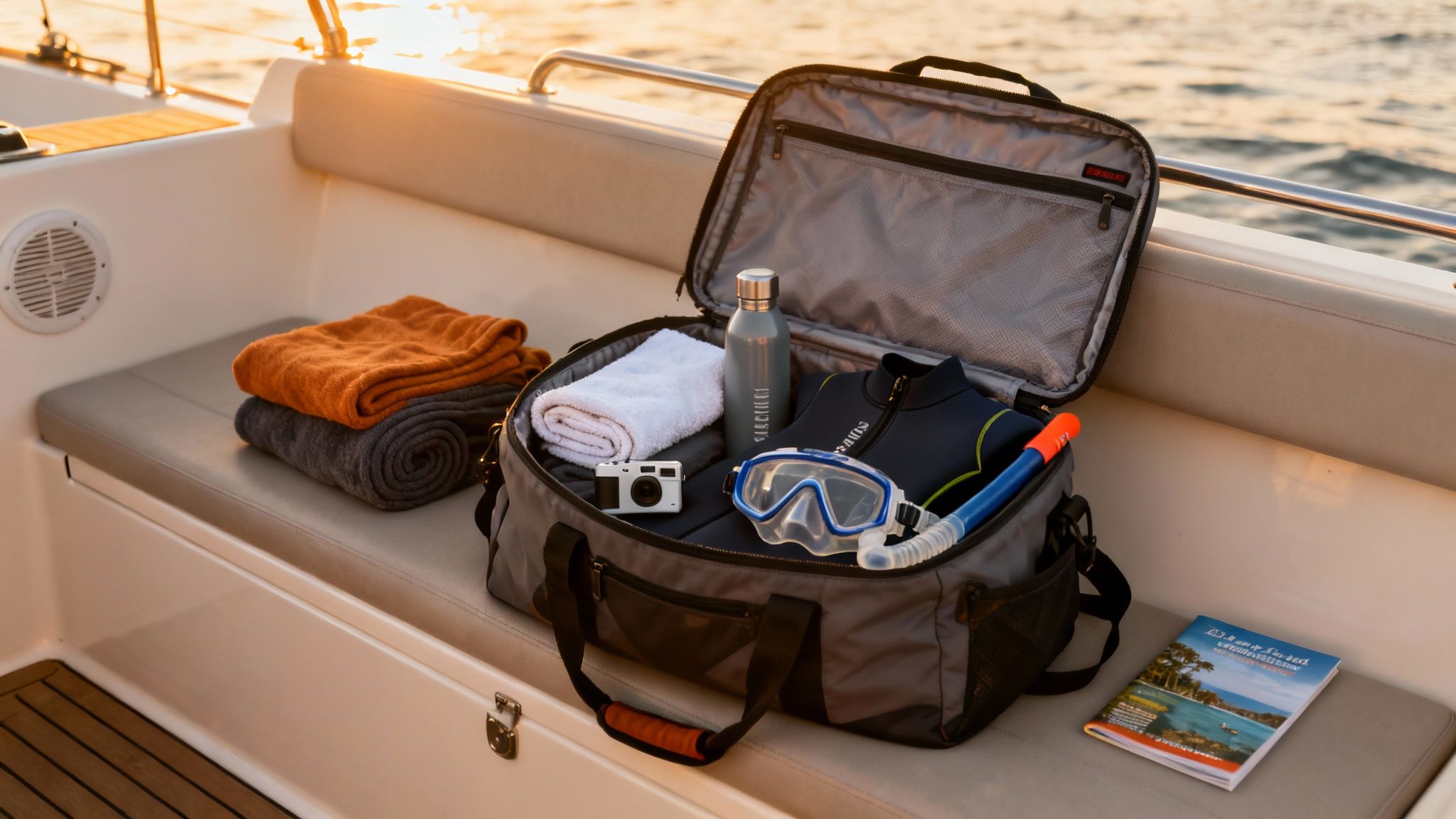 A duffel bag filled with snorkeling gear, towels, and a water bottle on a boat at sunset.