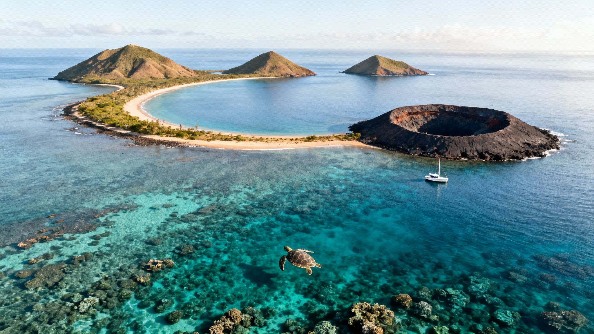Aerial view of a vibrant tropical island bay with a volcanic crater, coral reefs, and a sea turtle.