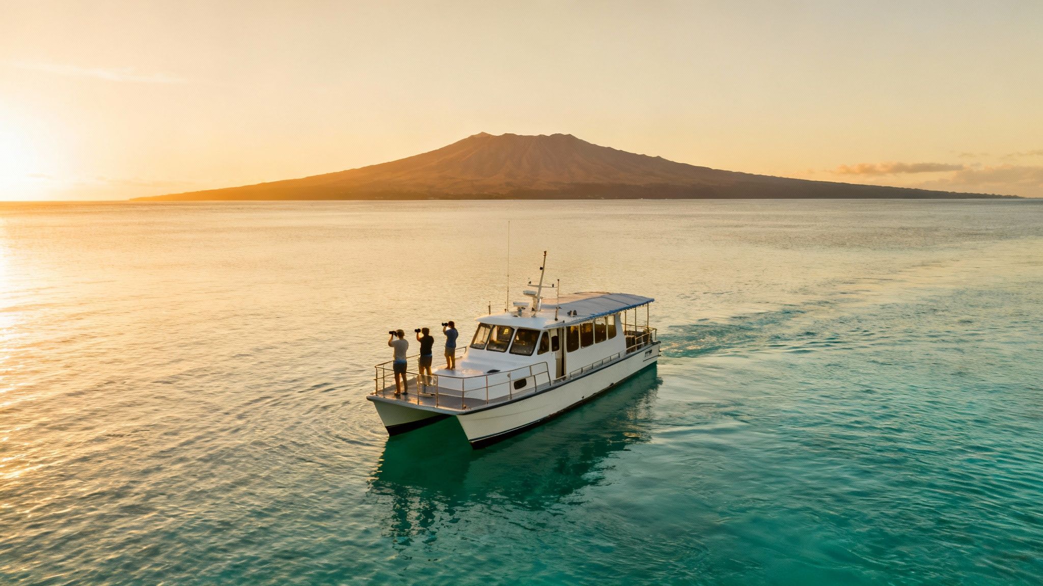 Three people on a catamaran use binoculars to observe a distant island at sunset.