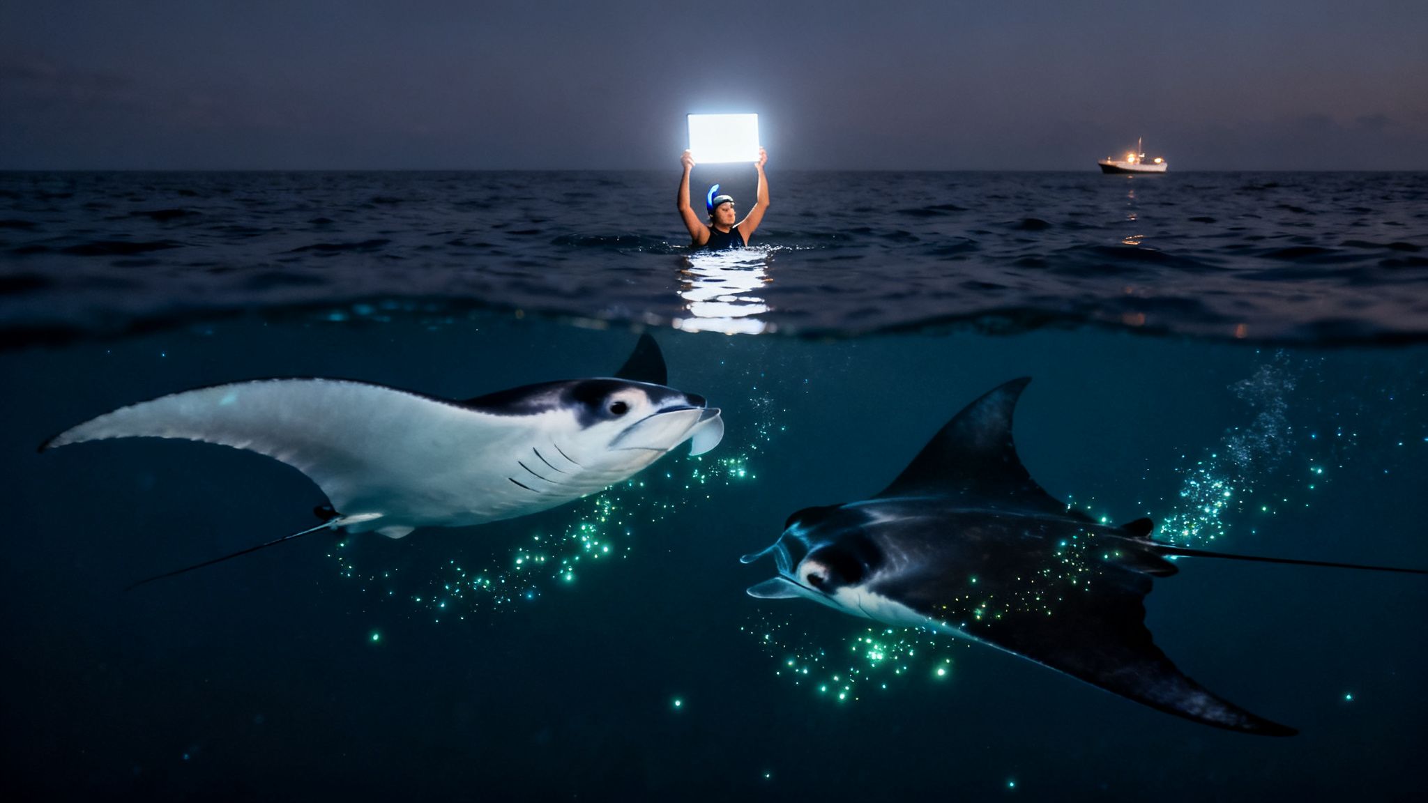 Split image of a snorkeler holding a light above water and two manta rays swimming with glowing plankton below.