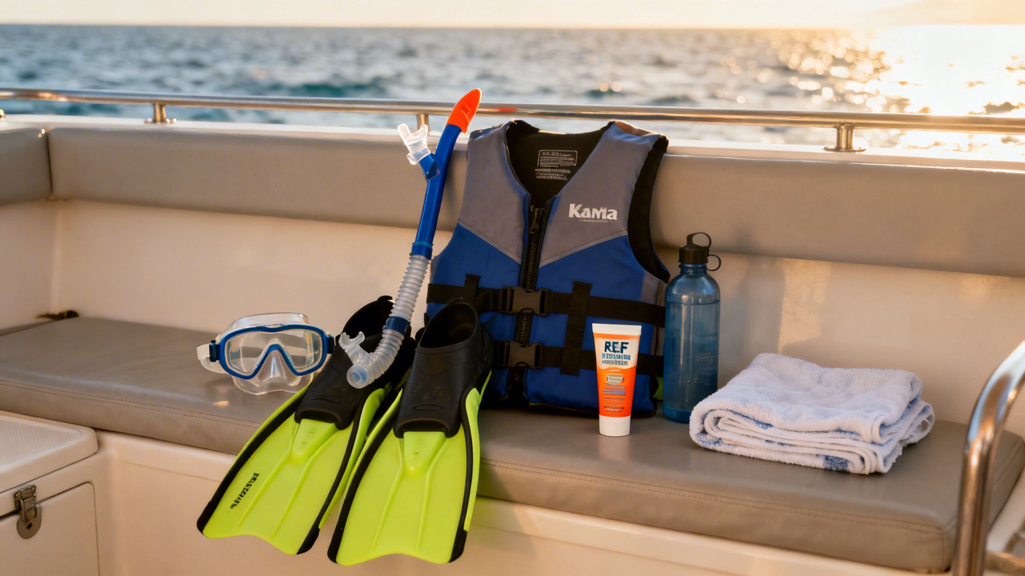 Snorkeling gear, a life vest, and essentials neatly arranged on a boat with the ocean visible at sunset.
