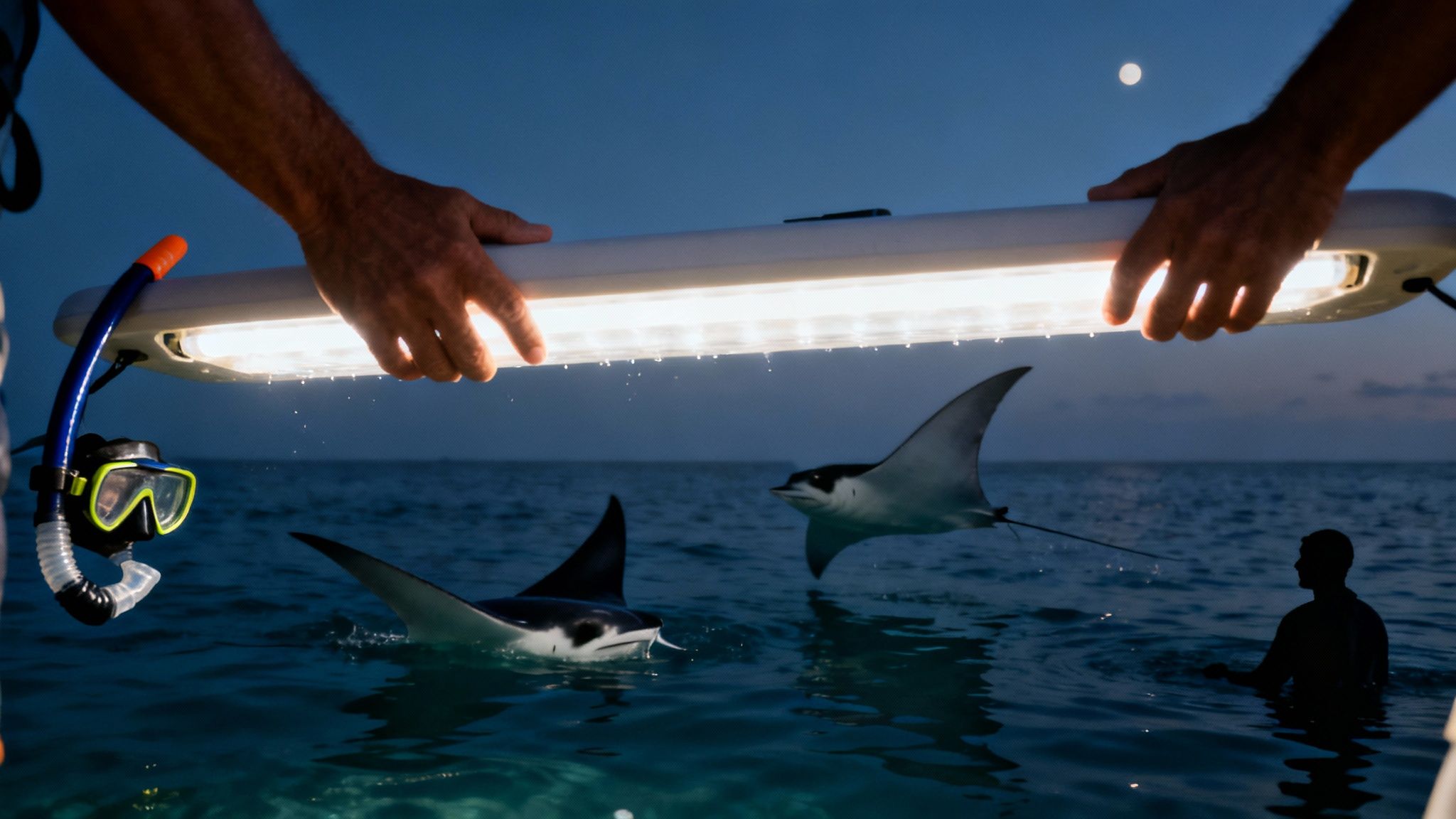Hands hold an underwater light, illuminating manta rays swimming in the ocean at night.