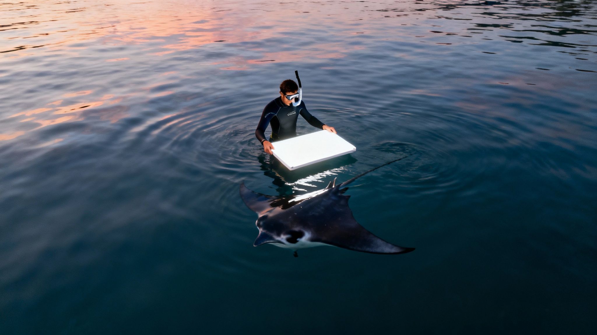 A snorkeler holds onto a light board as a manta ray swims beneath in the dark water
