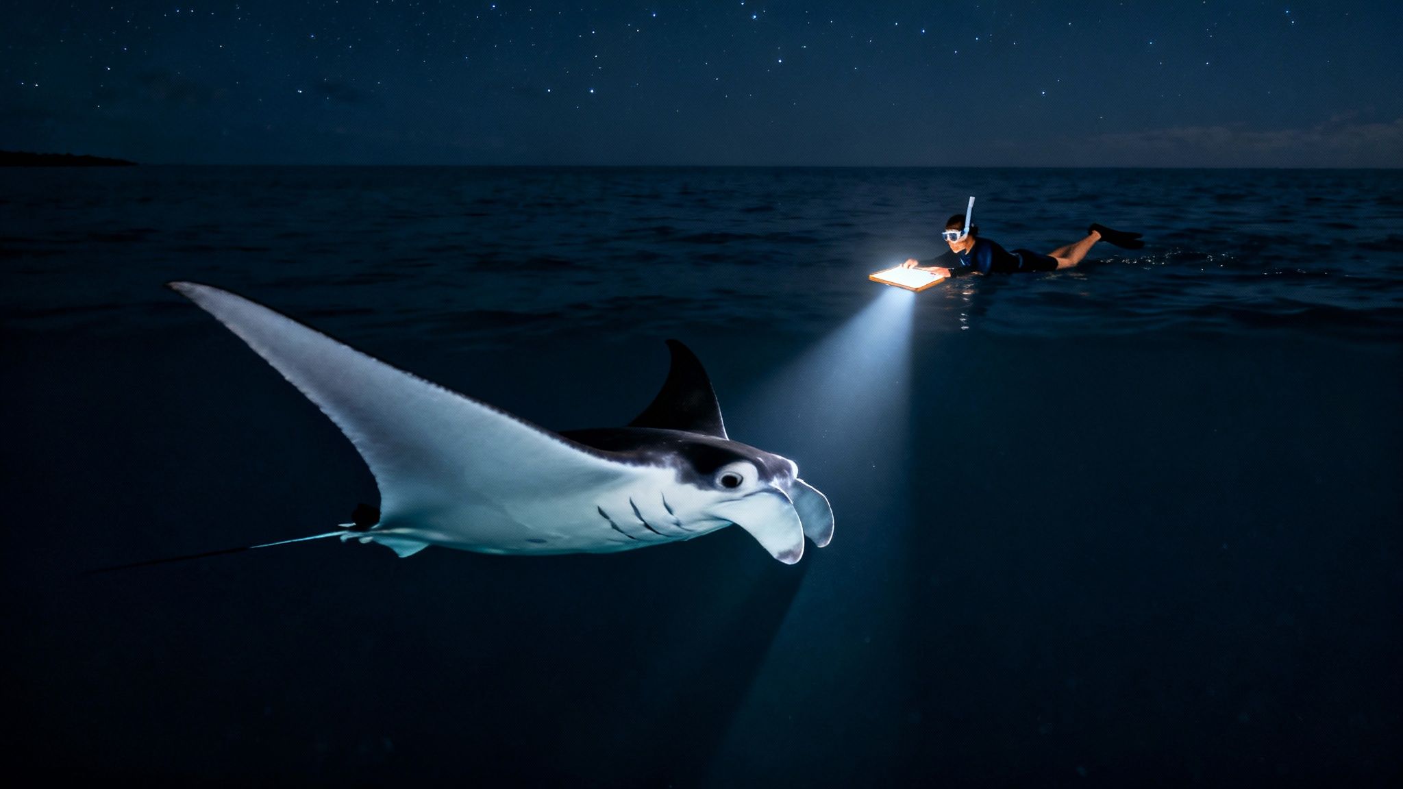 A person snorkeling at night with a light board attracting a majestic manta ray under a starry sky.