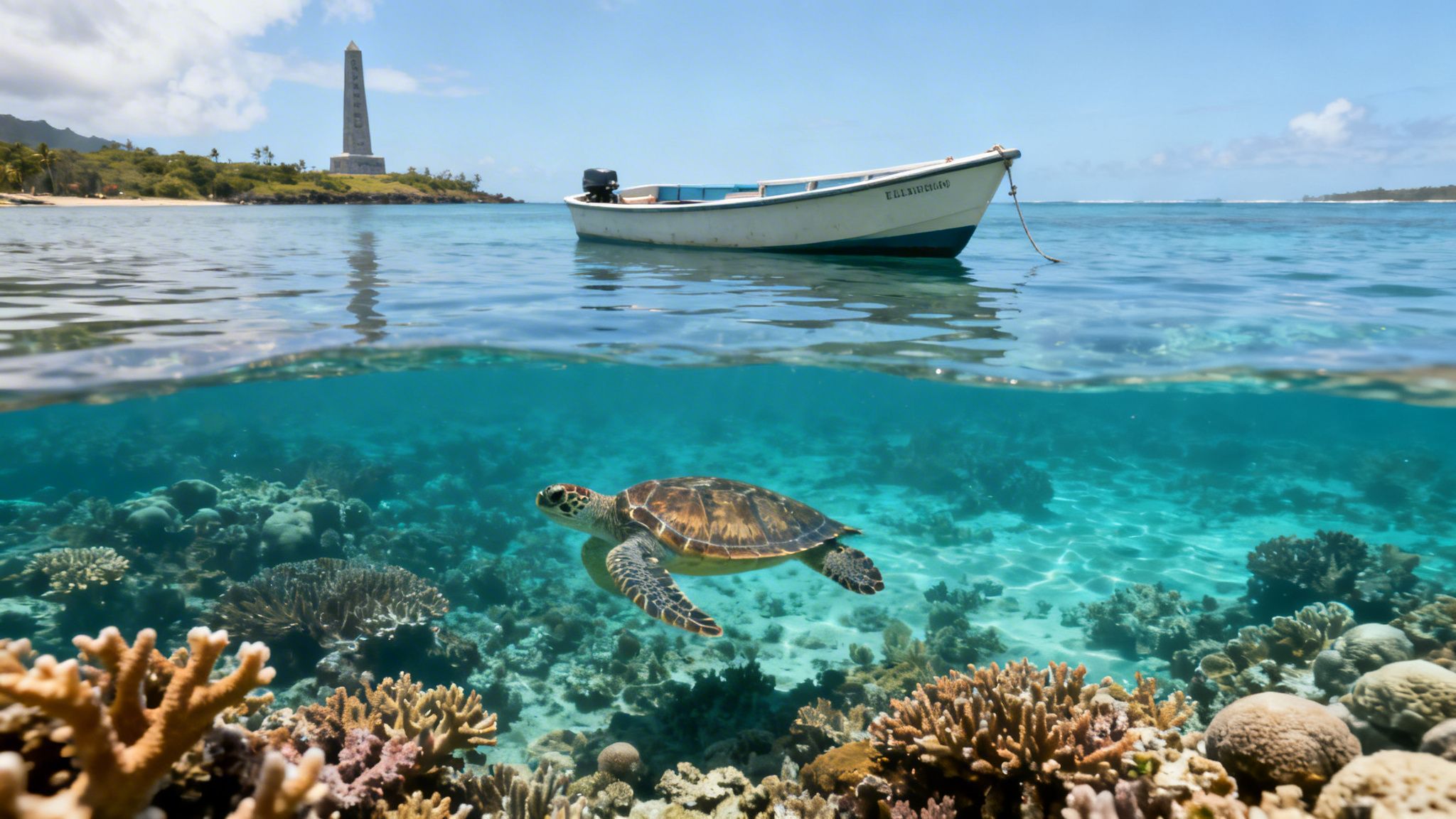 Beautiful split-level image of a sea turtle swimming over coral reefs beneath a boat and island.