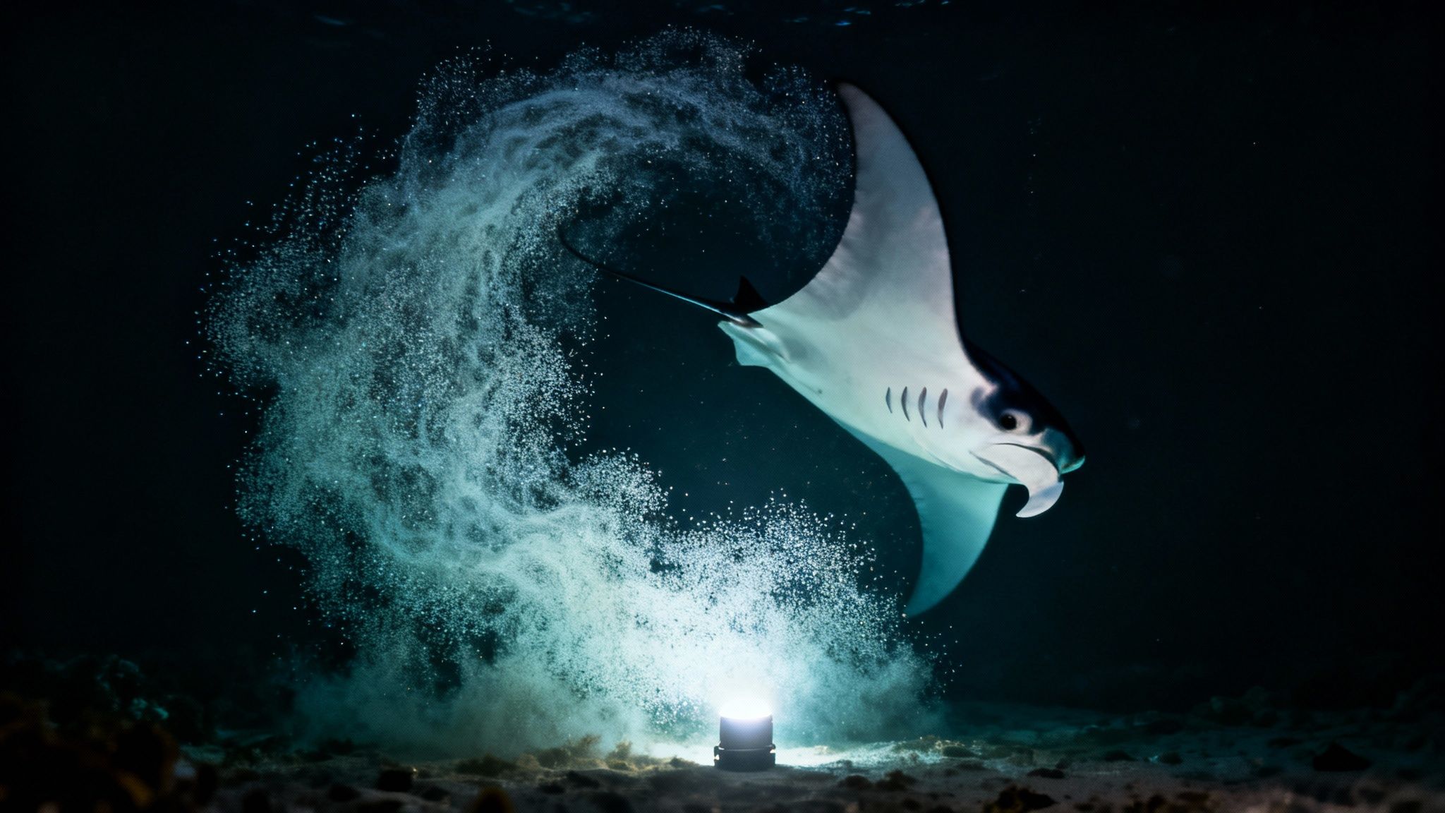 A majestic manta ray swims gracefully in dark water, illuminated by an underwater light source.