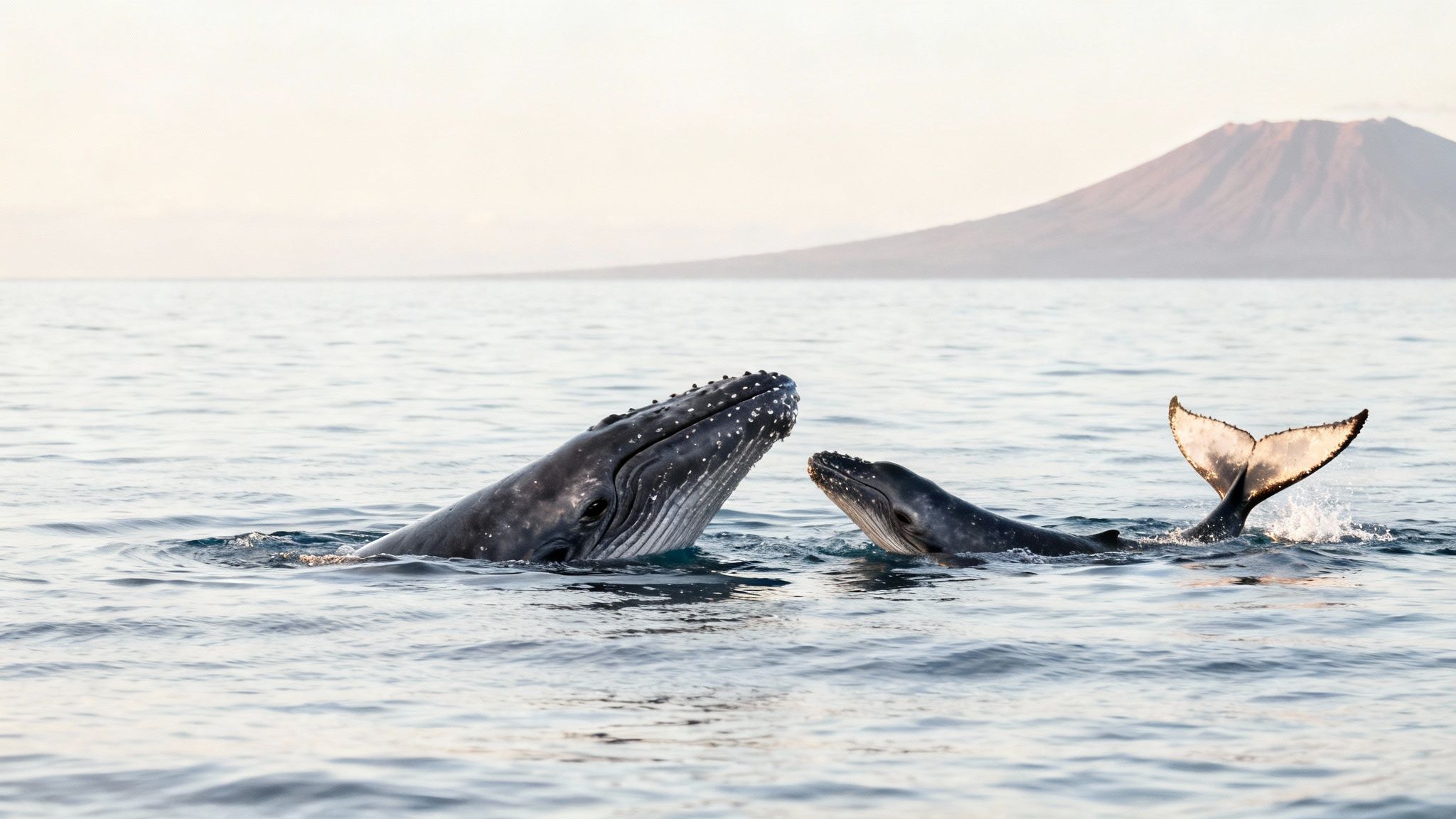 An adult humpback whale and its calf surface in calm ocean waters with a distant volcano.