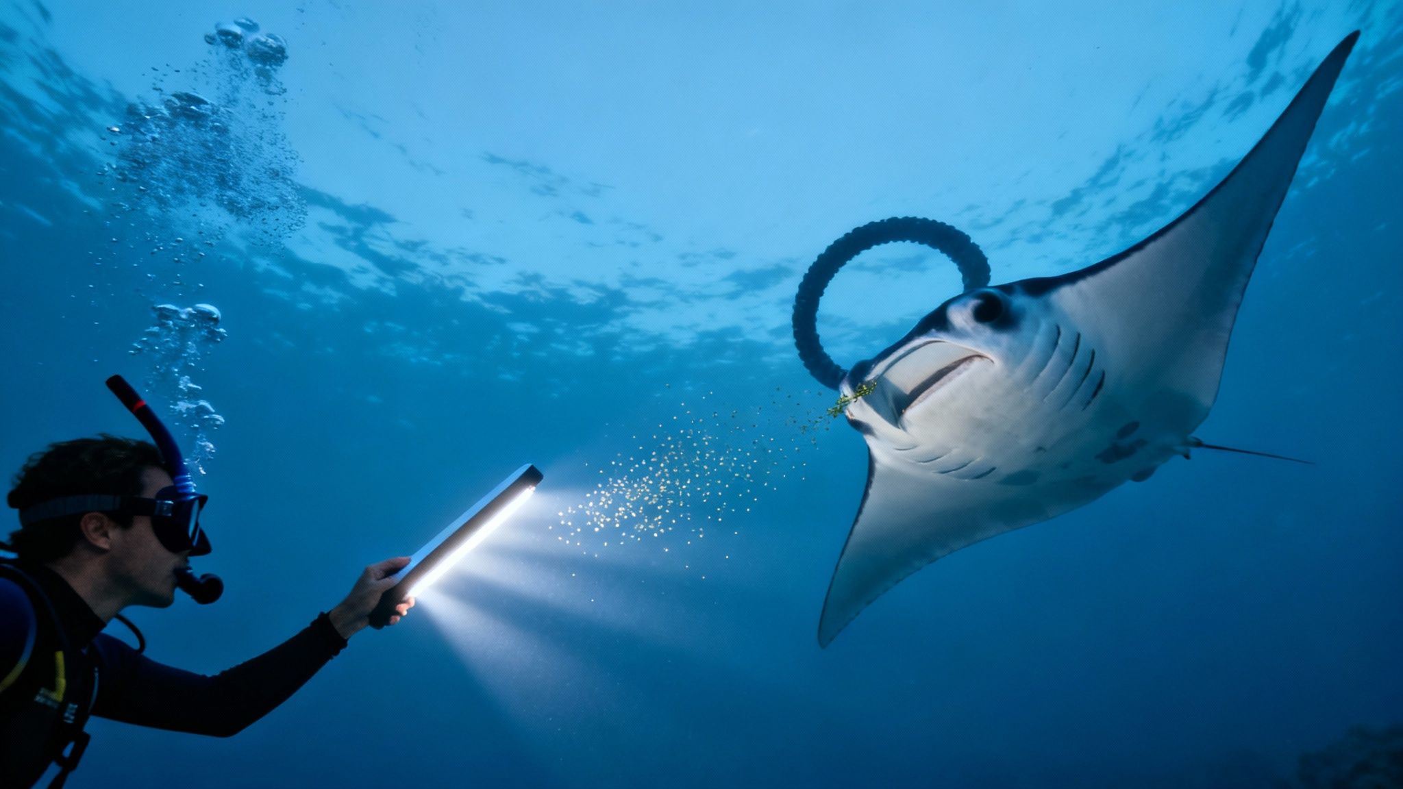 A diver with an underwater light attracts plankton, feeding a majestic manta ray in blue water.