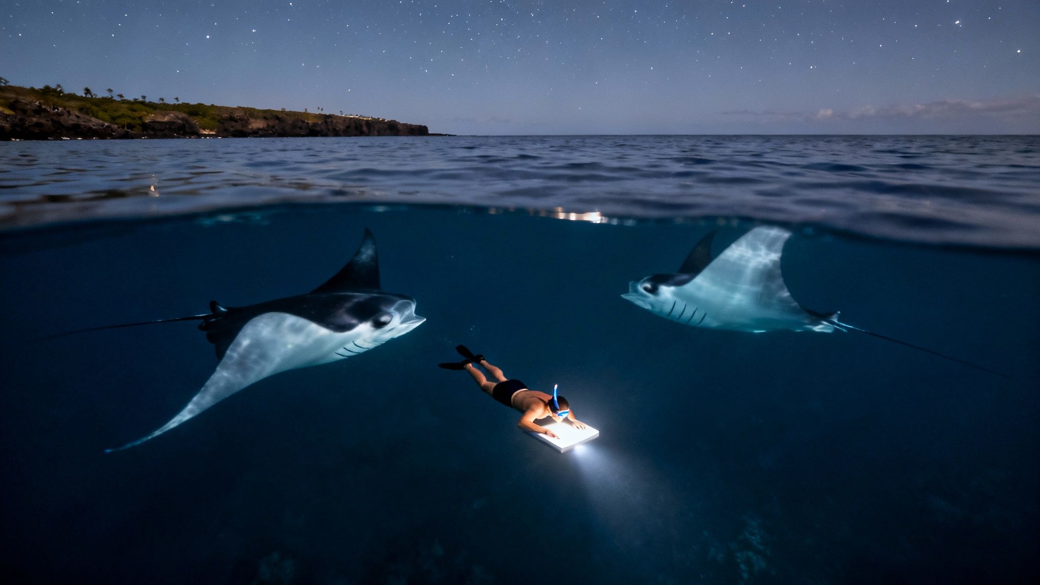 A diver with a lighted board swims with two manta rays under a starry night sky.