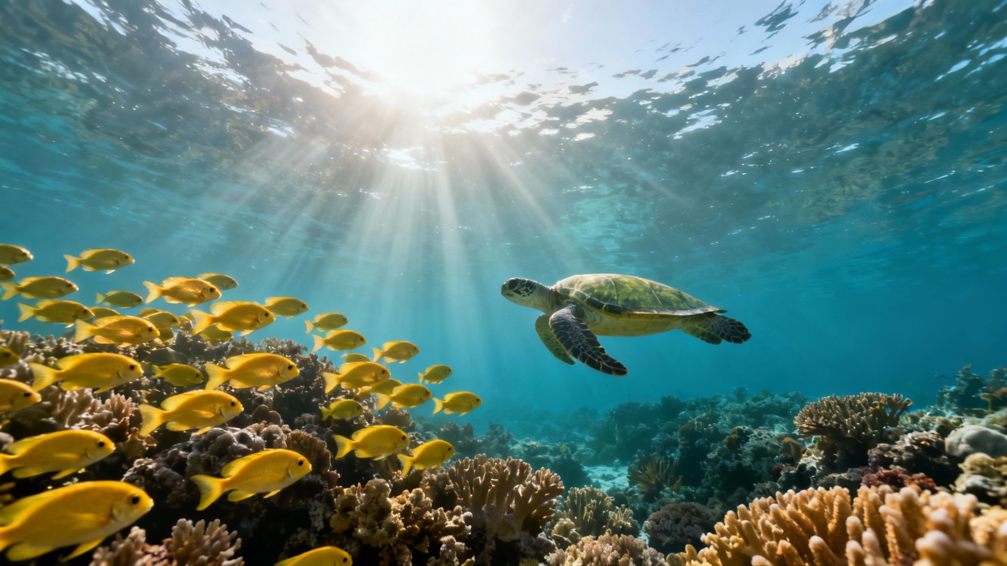 Underwater scene with a sea turtle, school of yellow fish, and sun rays over a coral reef.