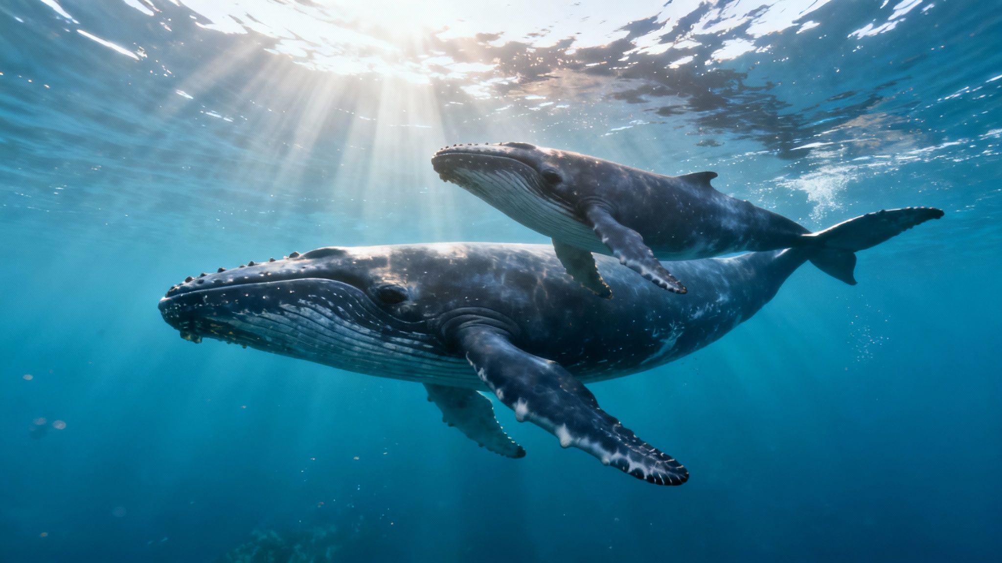 An adult humpback whale swims beneath its calf in bright blue ocean water with sun rays.