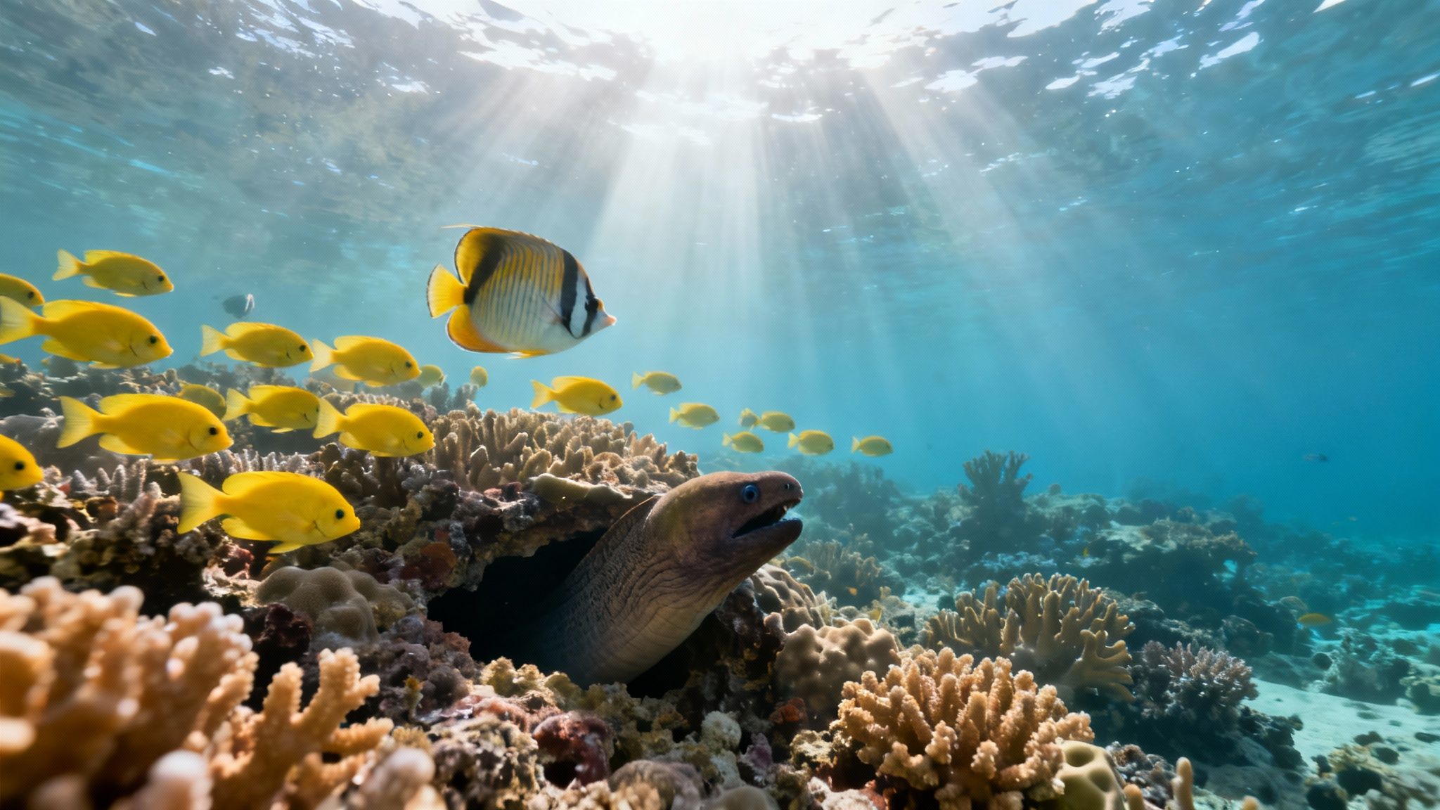 An underwater vibrant coral reef scene with a moray eel, a butterflyfish, and a school of yellow fish.
