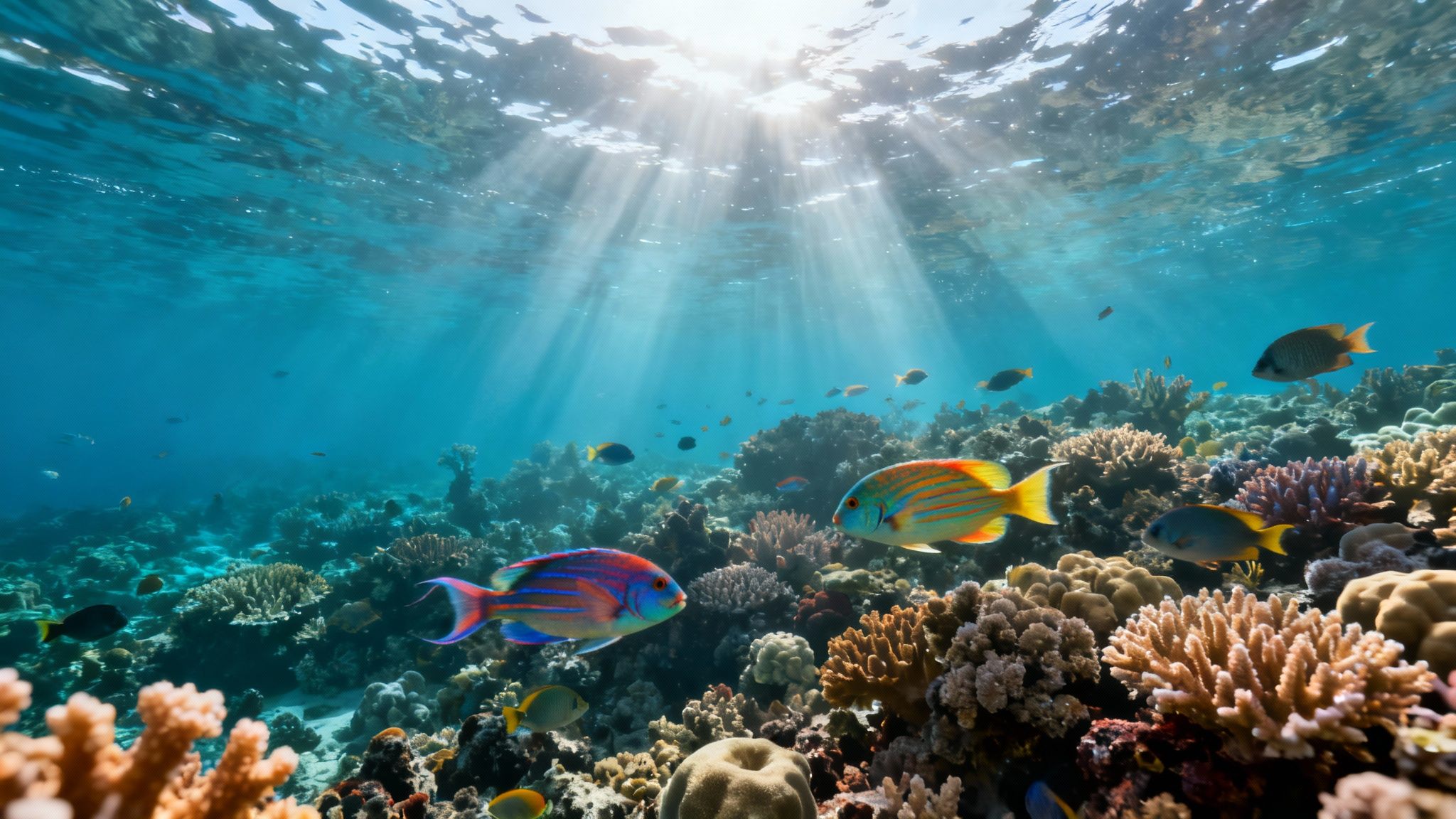 Vibrant coral reef teeming with colorful fish under clear blue ocean water and sun rays.
