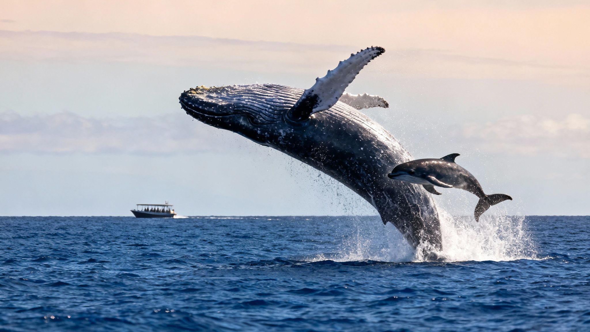 A majestic humpback whale and a dolphin breach together from the blue ocean, watched by a distant tour boat.